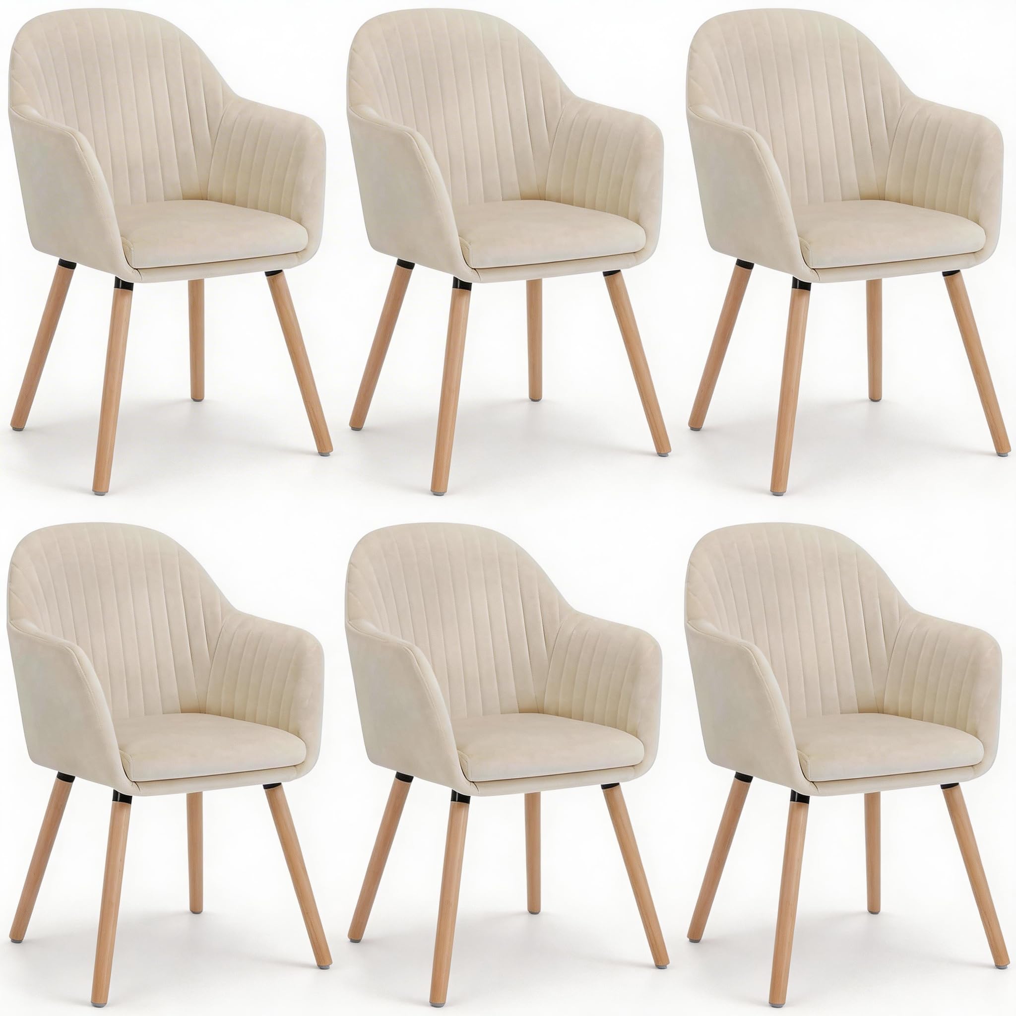 WOLTU Esszimmerstühle 6er Set, für Schlafzimmer Küche Wohnzimmer, Küchenstühle gepolstert mit Armlehne, aus Samt Massivholz, Cremeweiß