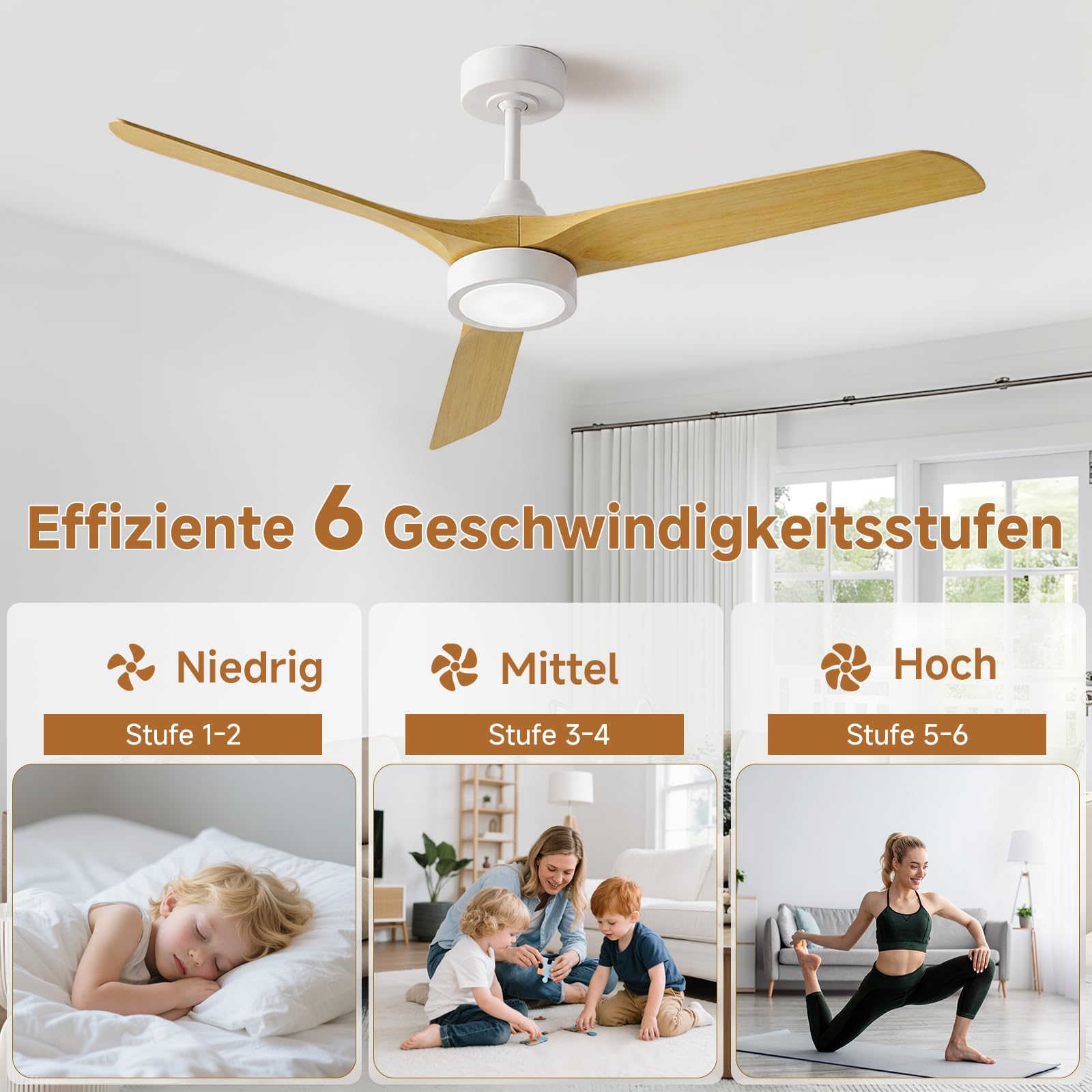 Ateroll 132 cm Deckenventilator mit Beleuchtung und Fernbedienung, DC-Motor, 6 Geschwindigkeiten, Timer, dimmbares LED, Sommer-Winterbetrieb