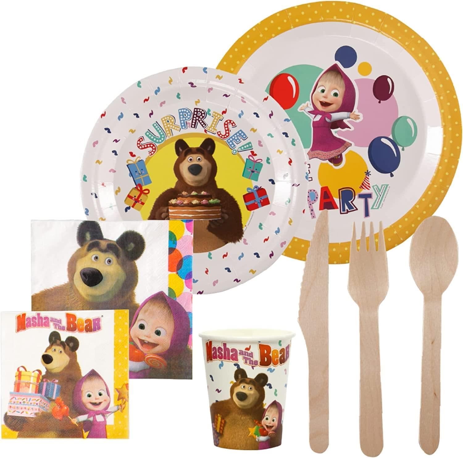 Mighty Mojo Masha and The Bear Party-In-A-Box - Complete Decorating Kit for Birthdays, Holidays & More! 8 Hanging Decs, 8 Plates, Tablecloth, Utensils, Cups, Napkins, Favor Boxes