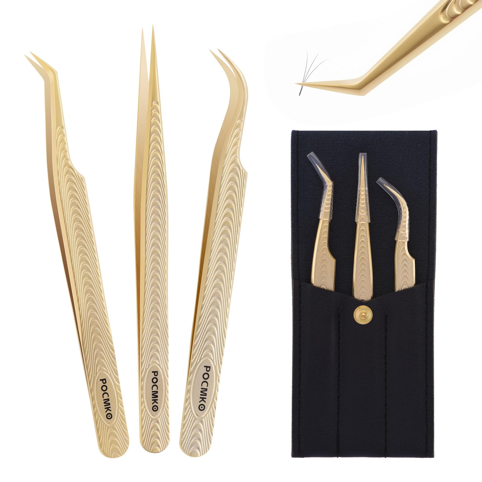 Pocmko Gold Eyelash Tweezers For Lash Extension Supplies, High Precision Lash Tweezer Set– Pack Of 3 Lash Extension Tweezers Kit For Individual And Volume Eyelash Extensions