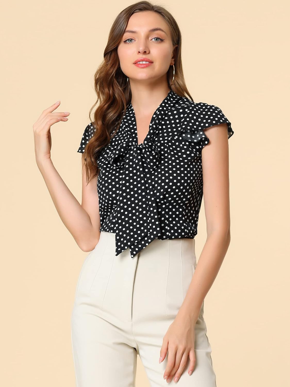 Allegra K Women's Polka Dots Tops Summer Ruffled Cap Sleeve Casual Office Bow Tie Neck Blouse - Image 3