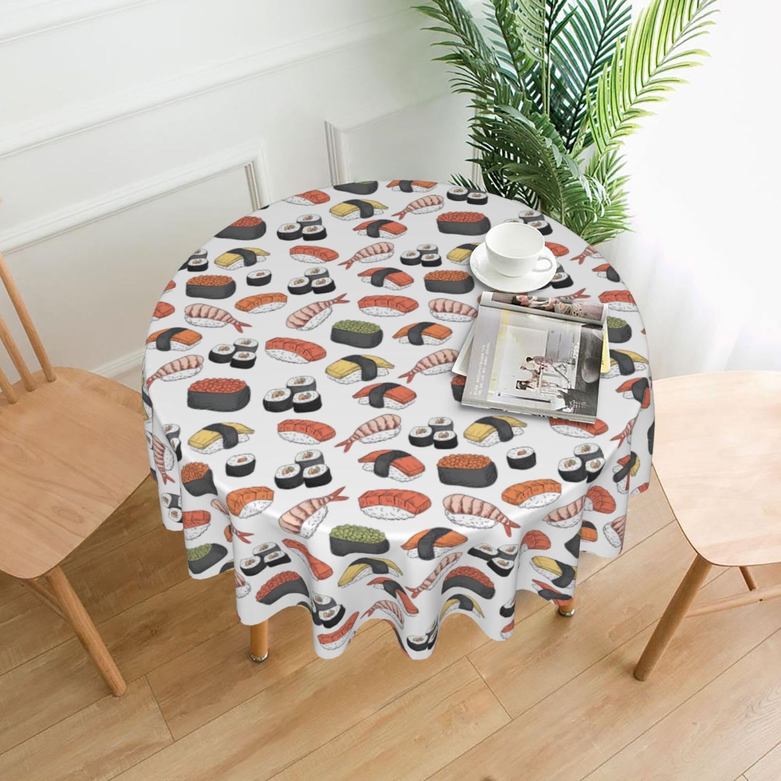 DEXNEL Sushi Print 60'' Round Tablecloth Retro Polyester Washable Cover for 4-6 Seat Dining Table Boho Decor