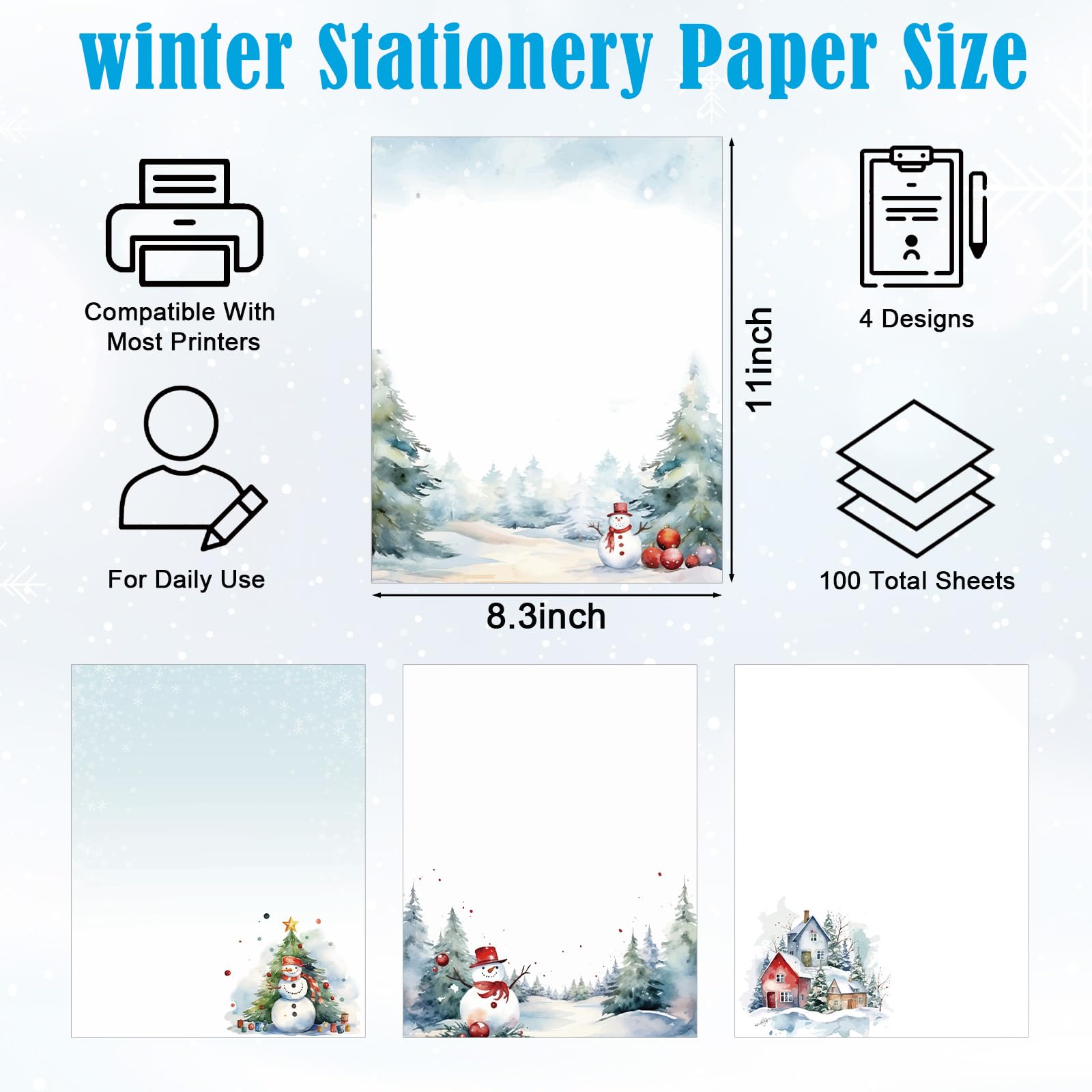 100 piezas de papel de papelería de invierno de 8.5 x 11 pulgadas, papel decorativo con membrete de muñeco de nieve, papel decorativo para día festivo, escritura de cartas, papel de