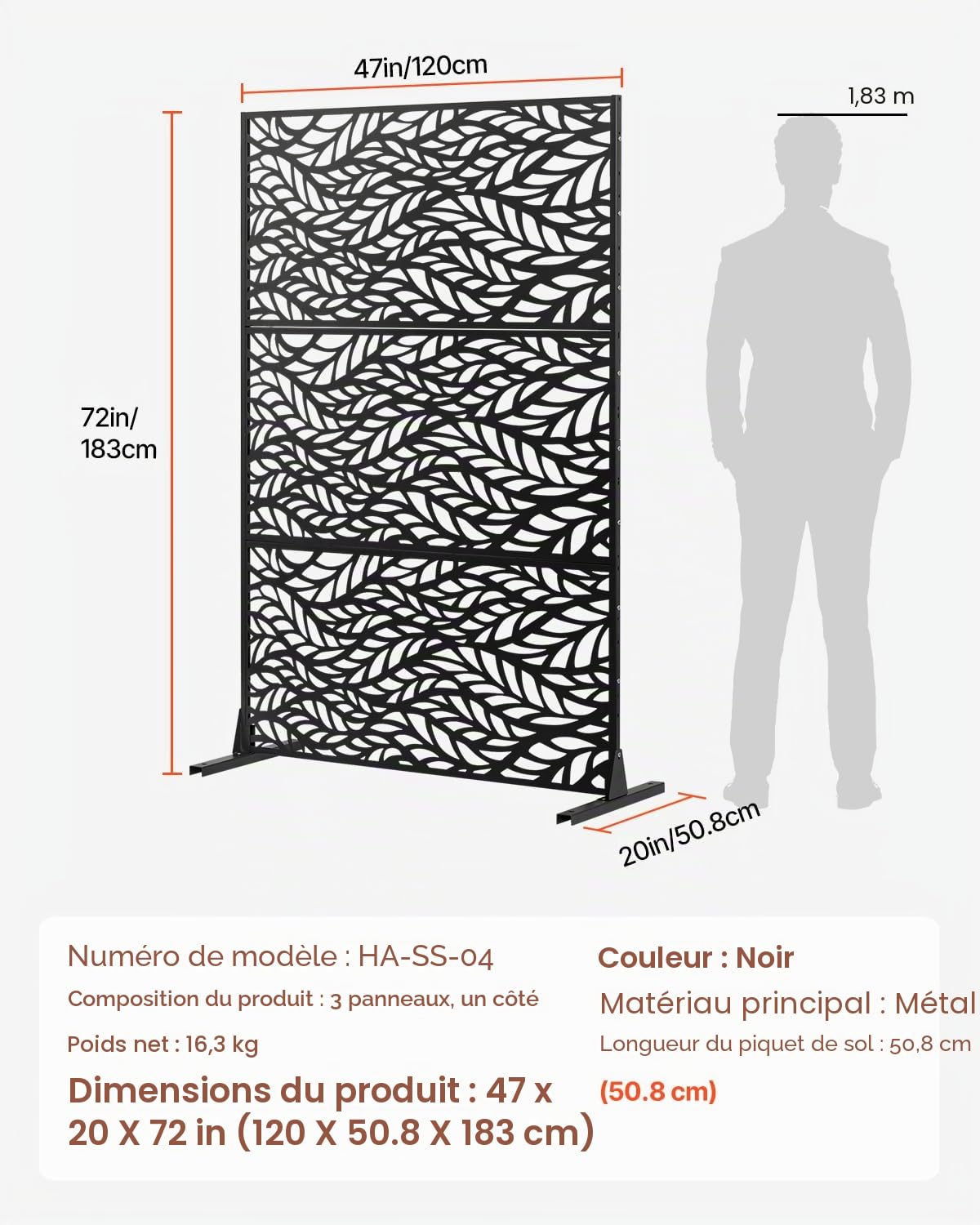 VEVOR Brise-Vue en Métal, 120x183 cm, Panneau Intimité Autoportant avec Support, Écran de Confidentialité Décoratif, Paravent Séparateur Extérieur pour Patio, Balcon, Salle Intérieure, Jardin, Noir