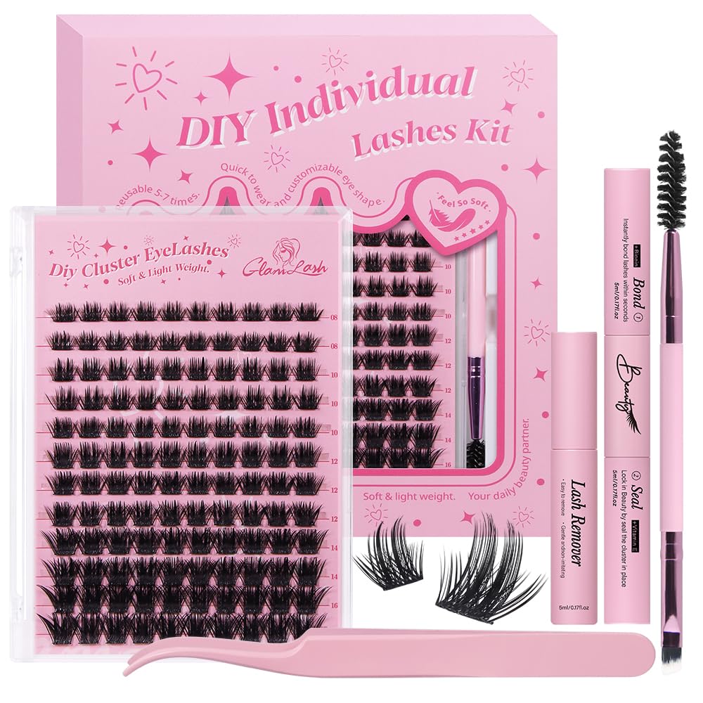 GLAMLASH Ciglia Finte Ciuffetti Kit Extension Ciglia Lash Clusters con Bond e Rimuoviciglia 8-16mm,DIY Eyelash Extension Kit (DM-FD02)