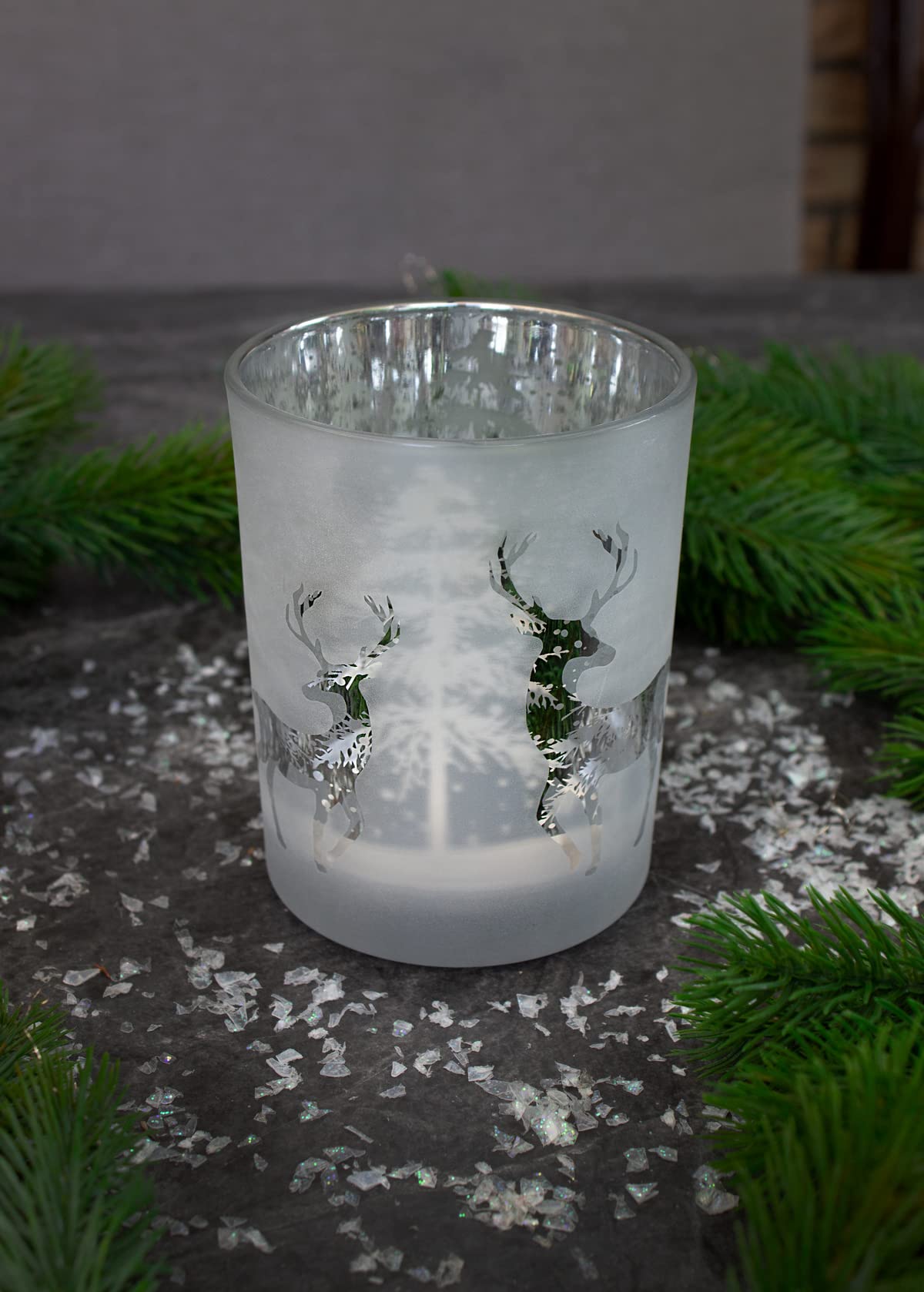 Joeyan Weihnachts-Kerzenständer Aus Glas, 3er Set (H 8 Cm) Mit Hirsch, Baum & Schneeflocken - Rot, Grün, Weiß