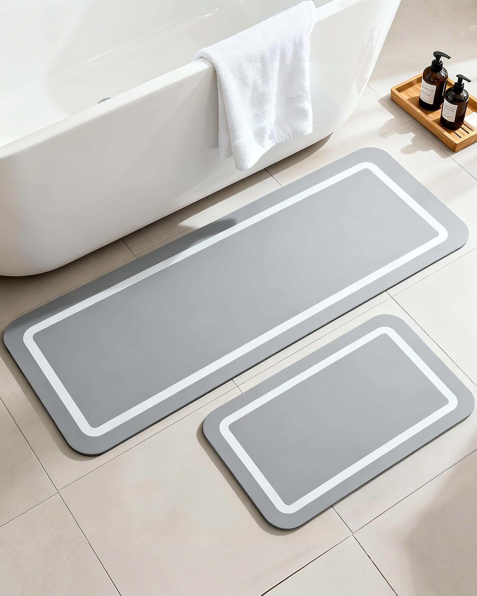 Soft Diatomaceous Earth Bath Mat, Quick Dry Bathroom Mats 2 Piece, Gray Super Absorbent Bath Mat Set, Washable Non Slip Bathroom Rugs, Stone Bath Mats