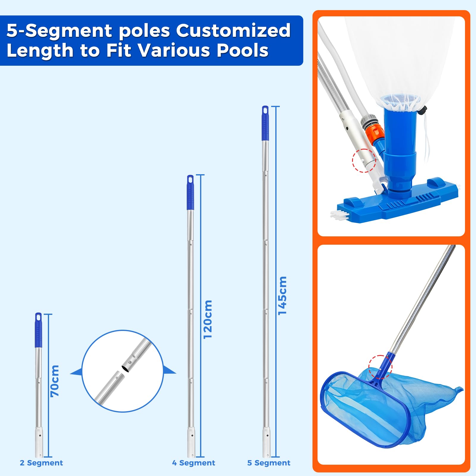 1.4m Pool Cleaning Kit, Swimming Pool Vacuum Cleaner with 5 Pole Sections, Pool Maintenance Kits with Pool Nets, Pond Vaccum Cleaner with Large Capacity Skimmer Net, Hot Tub Vac to Clean Dirty - 3