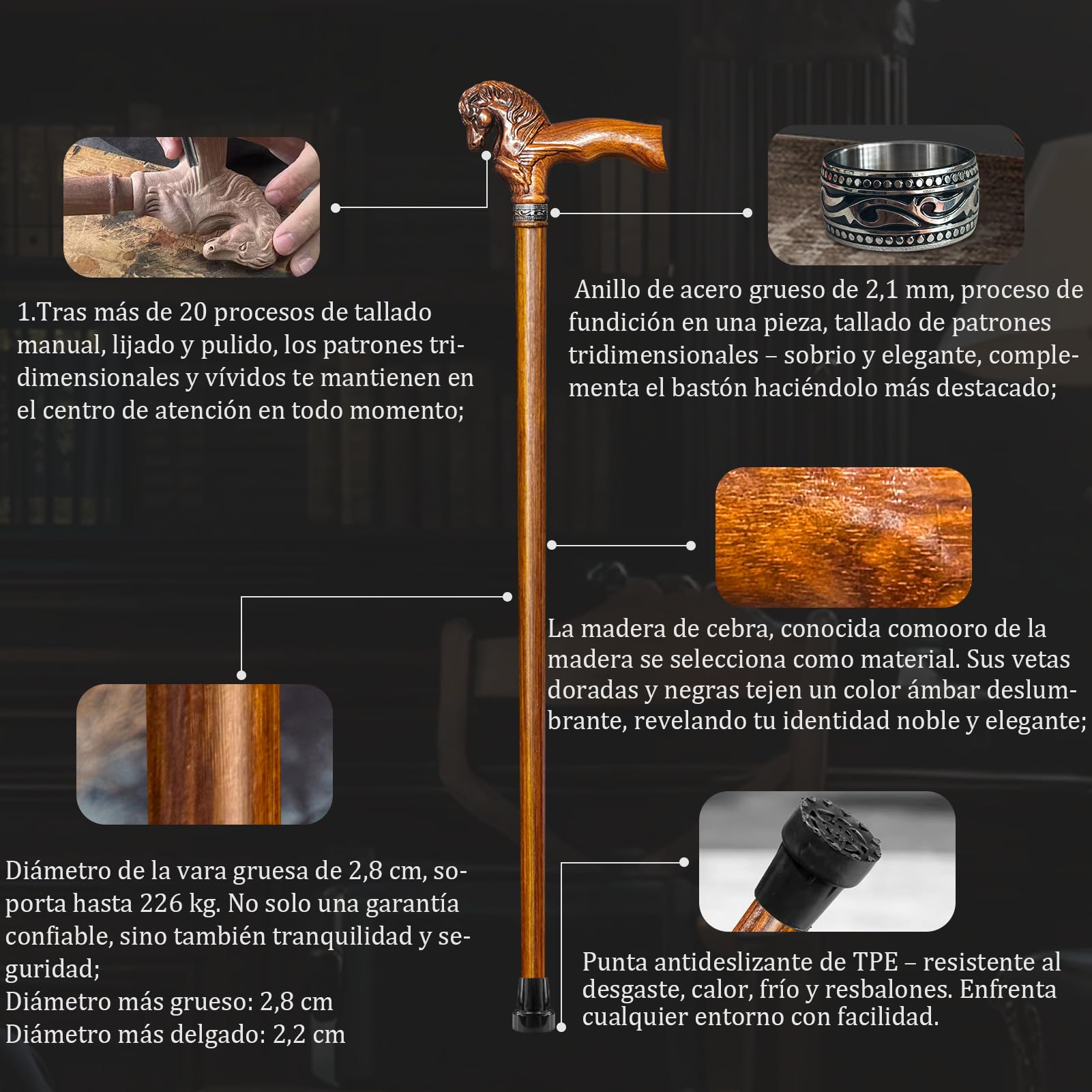 Bastón de madera elegante tallado a mano con cabeza de caballo para hombre y mujer, hecho a mano, con estilo, bastón para personas mayores, ligero, estable, de gama alta, adecuado para regalar
