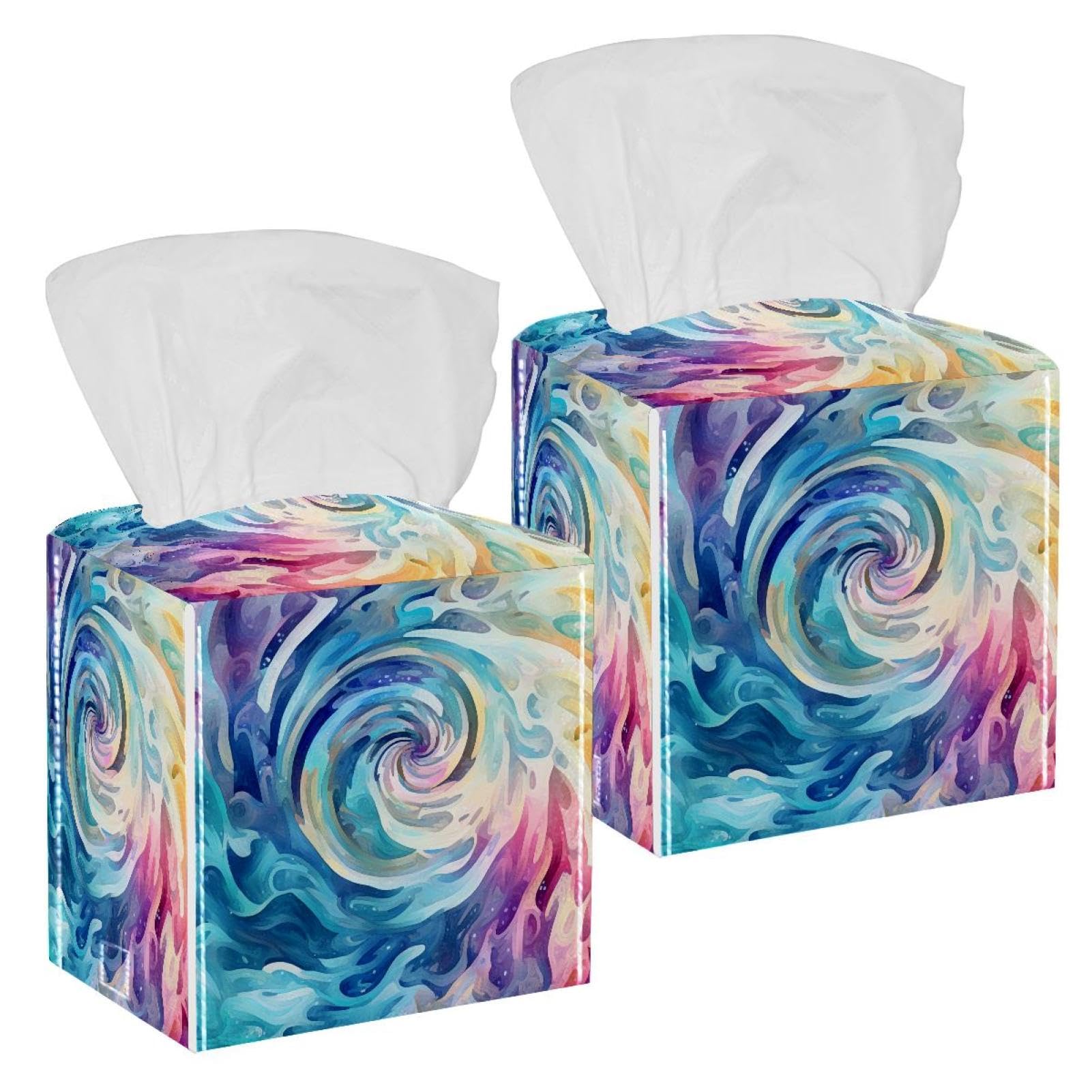 Artistic Flowing Mysterious Swirl Texture Tissue Box Cover, 2 Pack PU Leather Square Facial Tissue Dispenser Box holder for Home Office Car