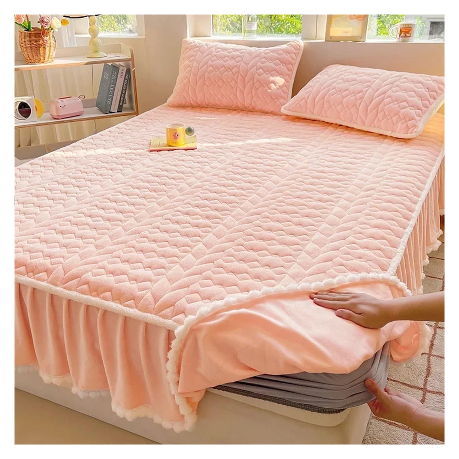 Leche Polar algodón Acolchado Clase Cama Falda colchón Bola de Pelo Cubierta Protectora de colchón Engrosada Color sólido 47(Pink,150x200cm 1pcs)