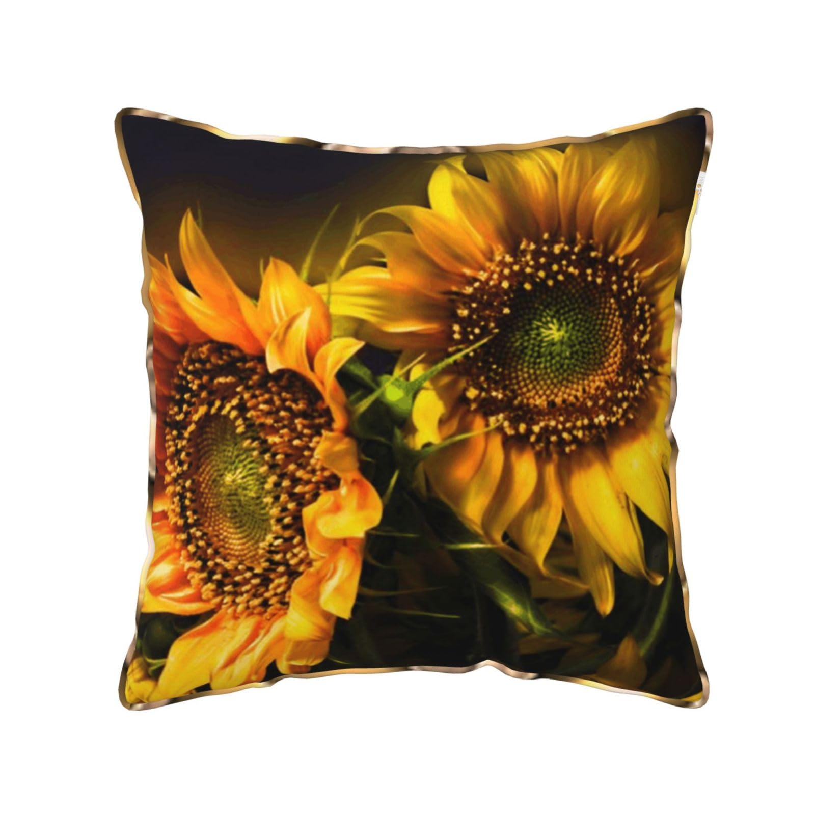 AUBKFELD Sunflowers Painting Printed Velvet Cushion Cover 45x45 CM with Gold Edging Strip, Square Pillowcase Soft Throw Pillow Covers Case Decorative for Living Room Sofa Couch Bed Bench
