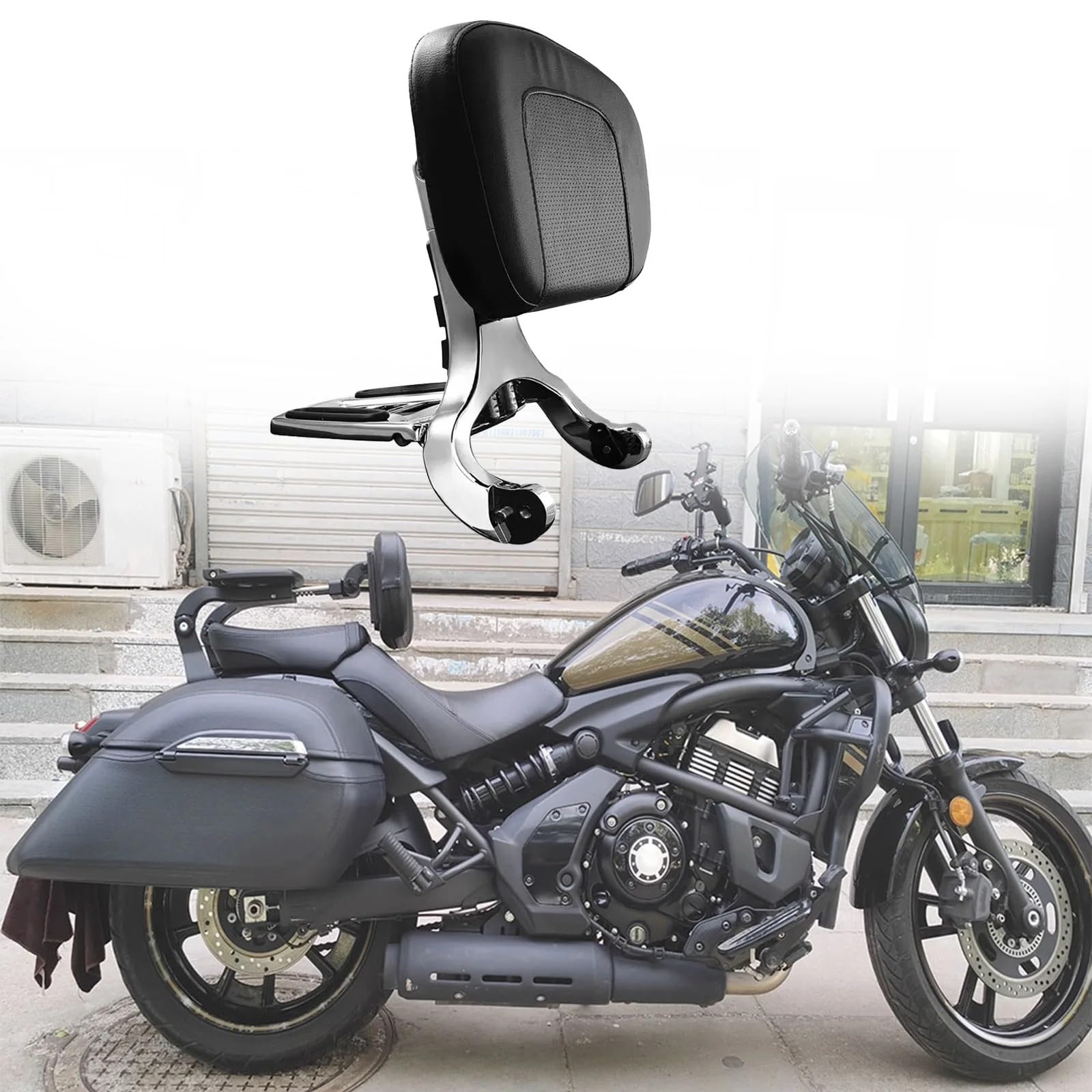 drążek Sissy z bagażnikiem Pasuje do Kawasaki 2015-2025 Vulcan S EN650 VN650 uniwersalny składany kierowca oparcie pasażera Sissy Bar(Black Pad Chrome Bar)