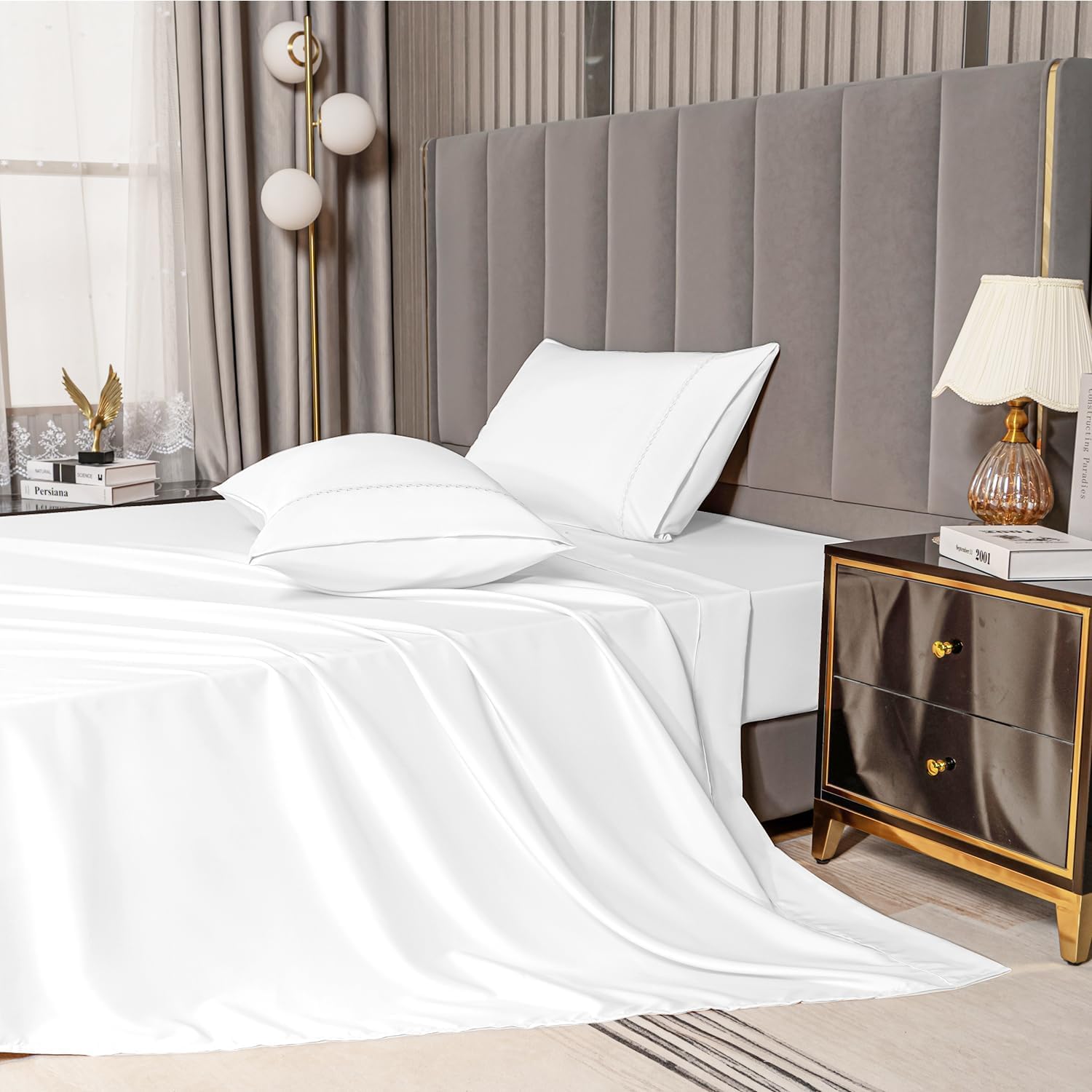 MCO Bedding Full Bed Sheets Set - Rayon Derived from Bamboo Sheets - Cooling Breathable Bedding Set with 16" Deep Pocket (4 Pieces, Full, White)