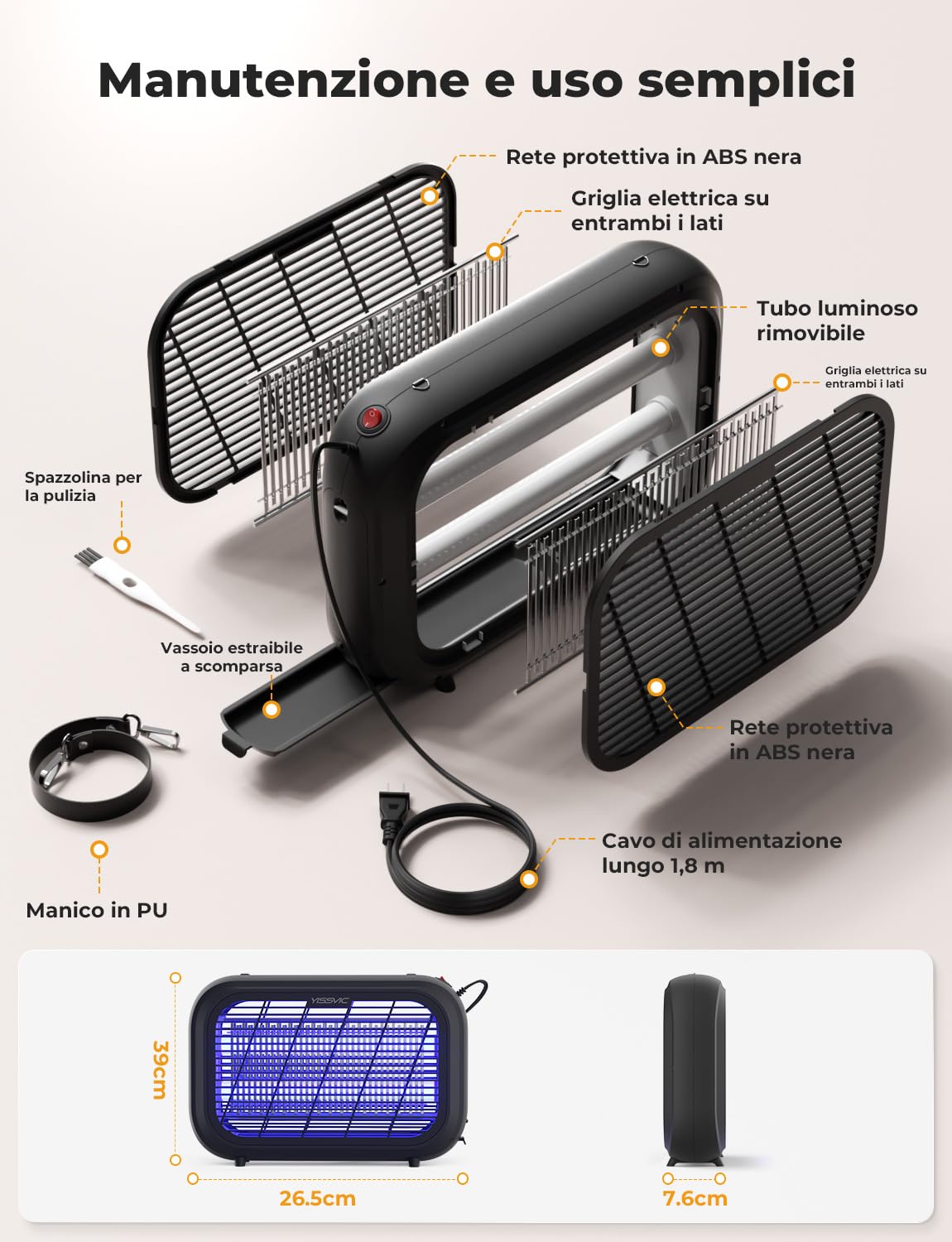 YISSVIC Lampada Antizanzare 20W UV Zanzariera Elettrica con Griglia Elettrica a Doppia Faccia,Cassetto Estraibile, Manico in Pelle PU, Sicuro per Uomini e Animali, Uso Interno, Cavo 1.8m