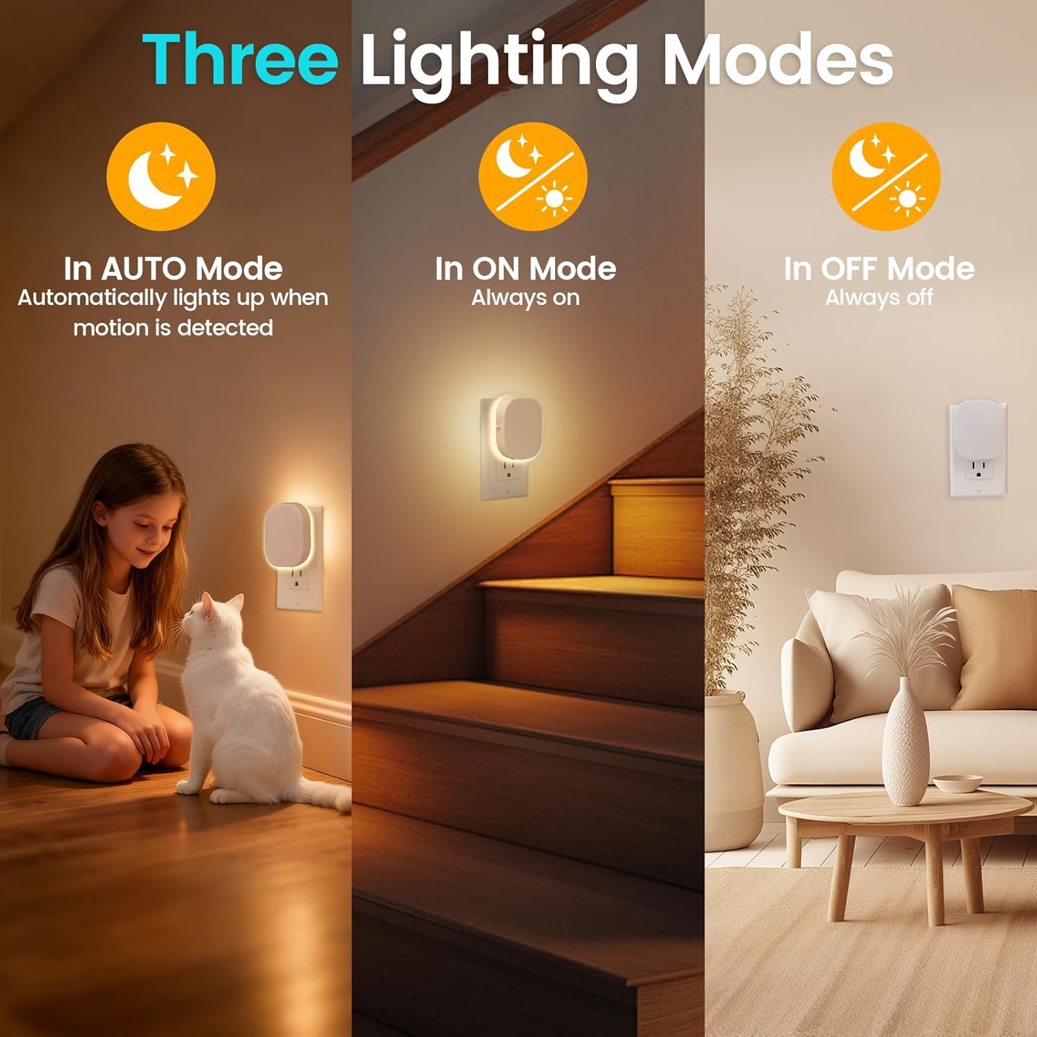Plug-in Motion Sensor Night Light, Dimmable Eye-Caring Warm White Nightlight for Baby & Kids' Bathroom, Nursery, Bedroom, Hallway (2 Pack)