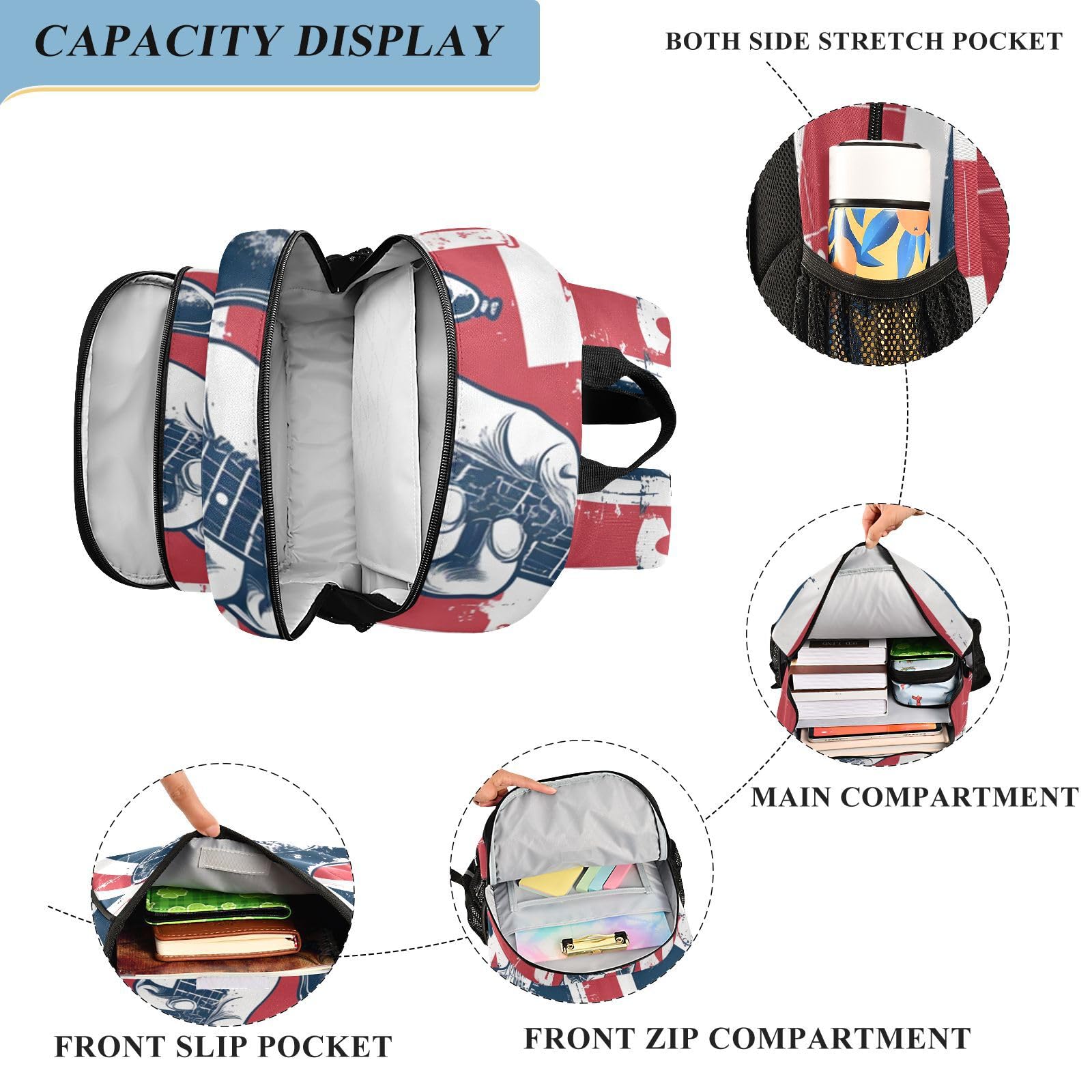 Bandera BritáNica Guitarra MúSica ArtíStica Mochila Escolar para Estudiantes,Mochila para Niños y Adolescentes Ideal para Viajes