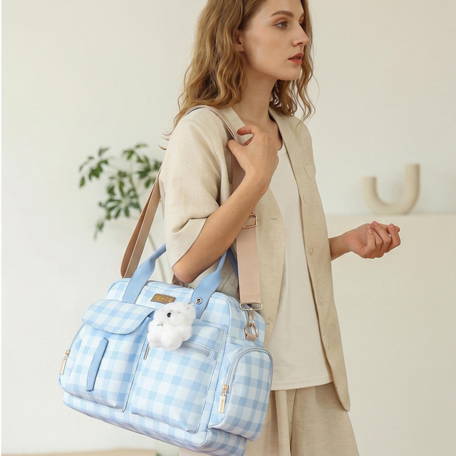 Torba Tote na Pieluchy z uchwytem Mała Stylowa Torebka Ramieniowa w Kratę