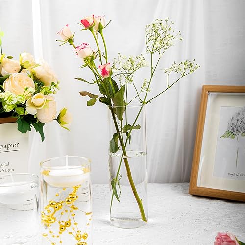 Miniatura 9 de UDU Juego de 6 jarrones cilíndricos de vidrio para centros de mesa con 40000 relleno de jarrón, 12 velas flotantes blancas, 3 cadenas de perlas para