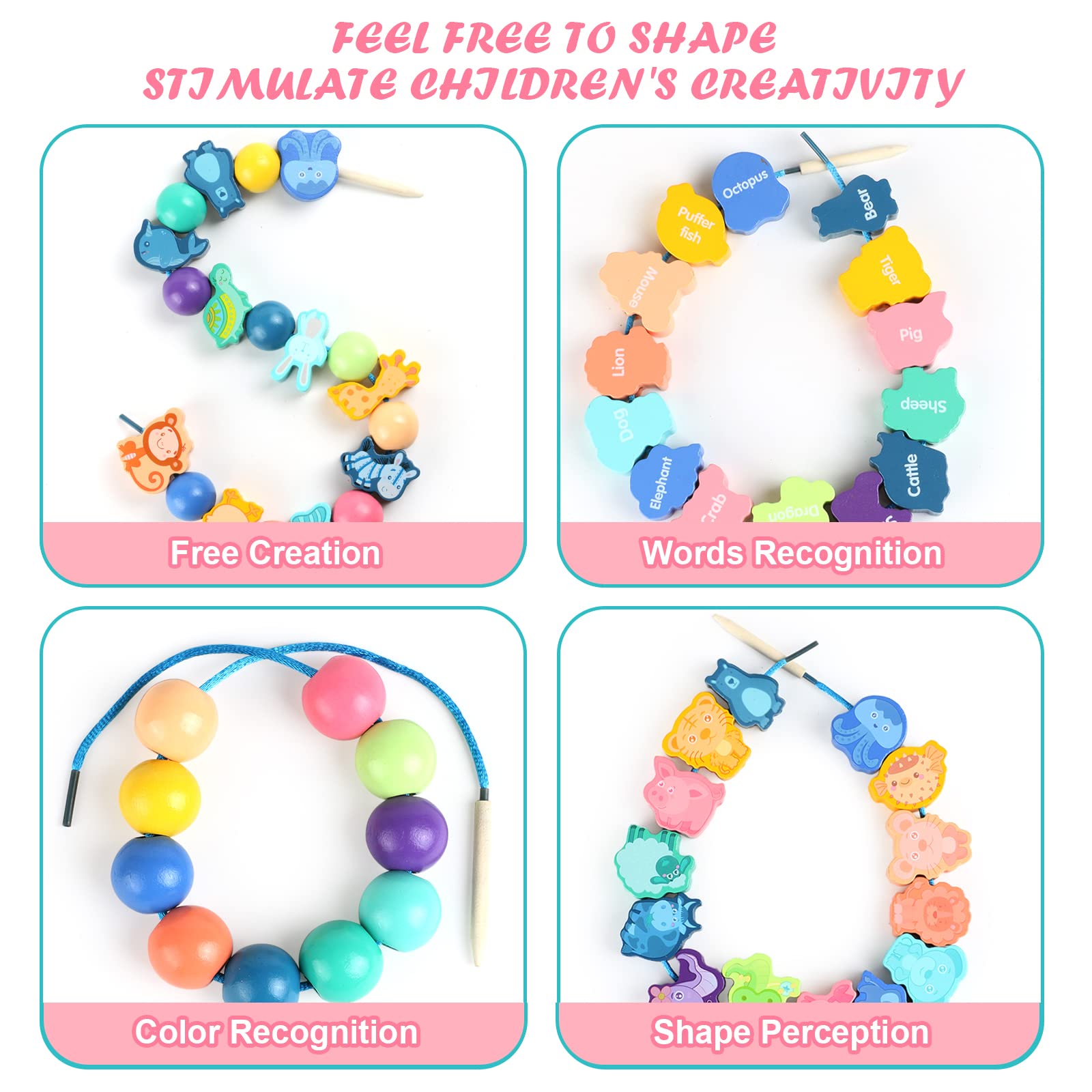 TRUEIN 32 Pcs Montessori Threading Toys, Wooden Lacing Beads Toys for 2 3 4 5 Year Olds Kids - Image 3