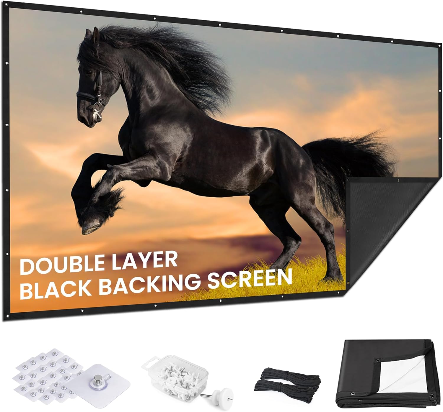 120 inch projector screen 2025 upgraded- black backing, straight edges, foldable, washable and wrinkle-free - for indoor home theater and outdoor cinema -white 16:9 by iolieo 120'' diagnol