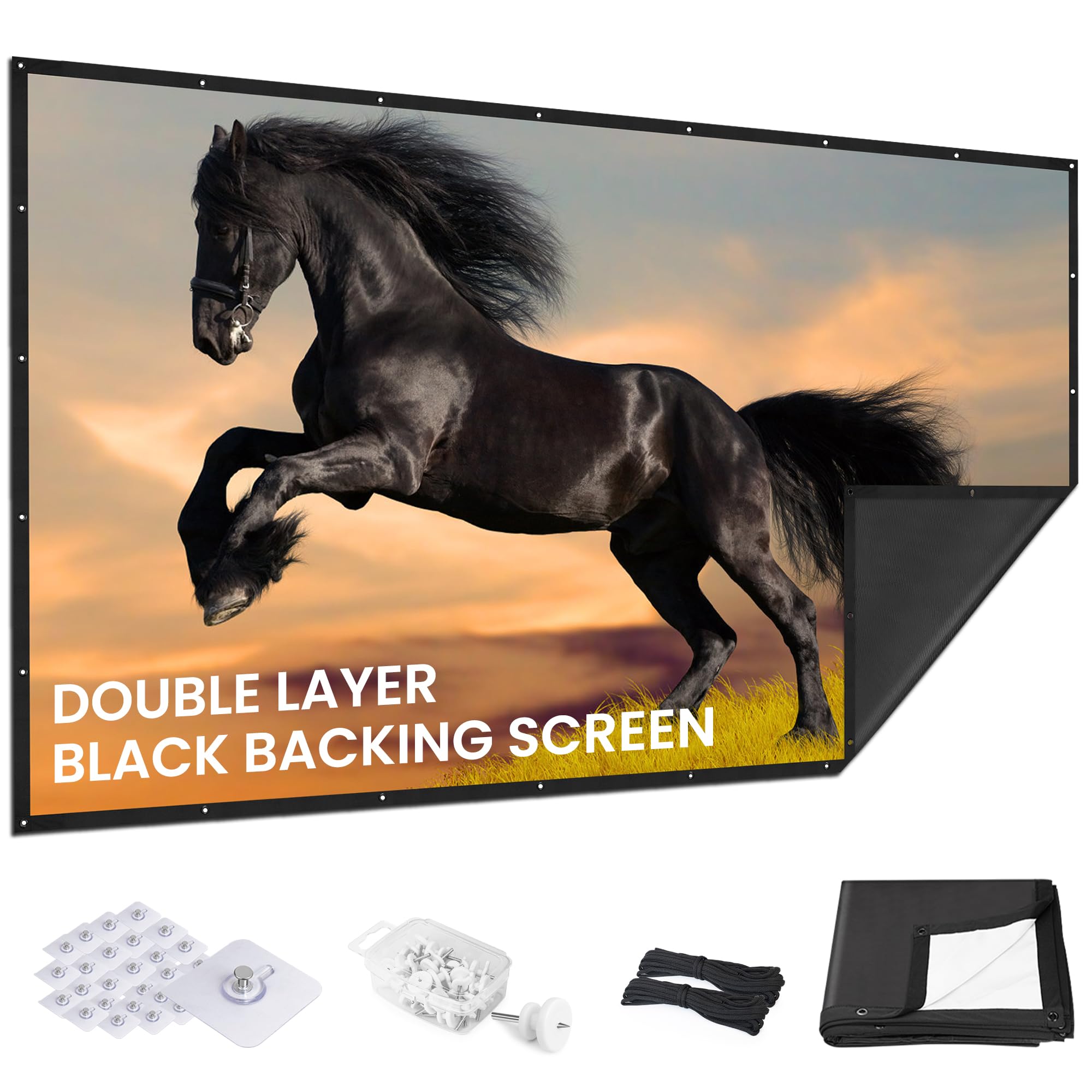 120 inch Projector Screen 2025 Upgraded- Black Backing, Straight Edges, Foldable, Washable and Wrinkle-Free - for Indoor Home Theater and Outdoor Cinema -White 16:9 by IOLIEO