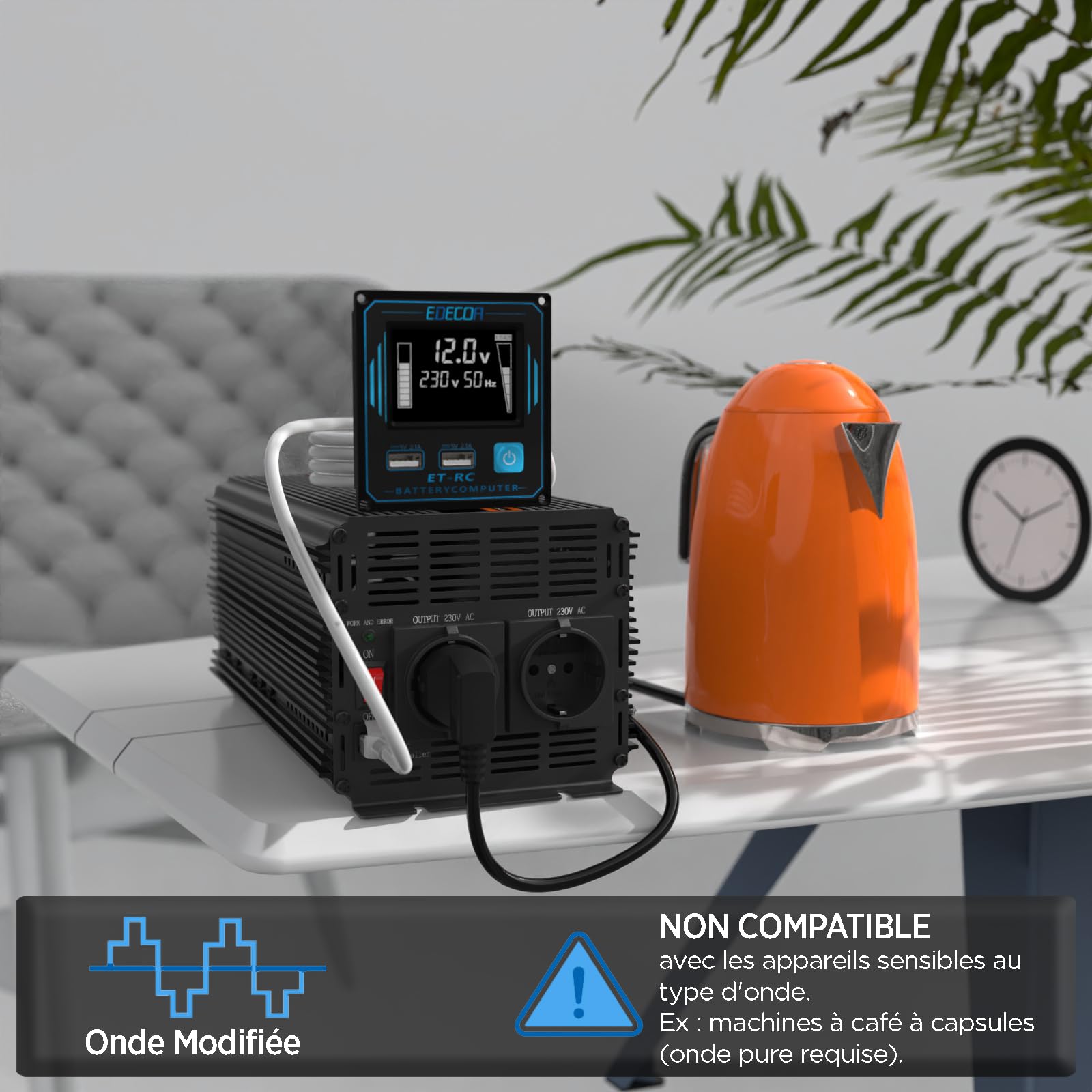 EDECOA convertisseur 12v 220v 3000w onduleur télécommande 2X USB et écran pour Panneau Solaire Voiture Onde modifiée Isolation galvanique (2e génération)