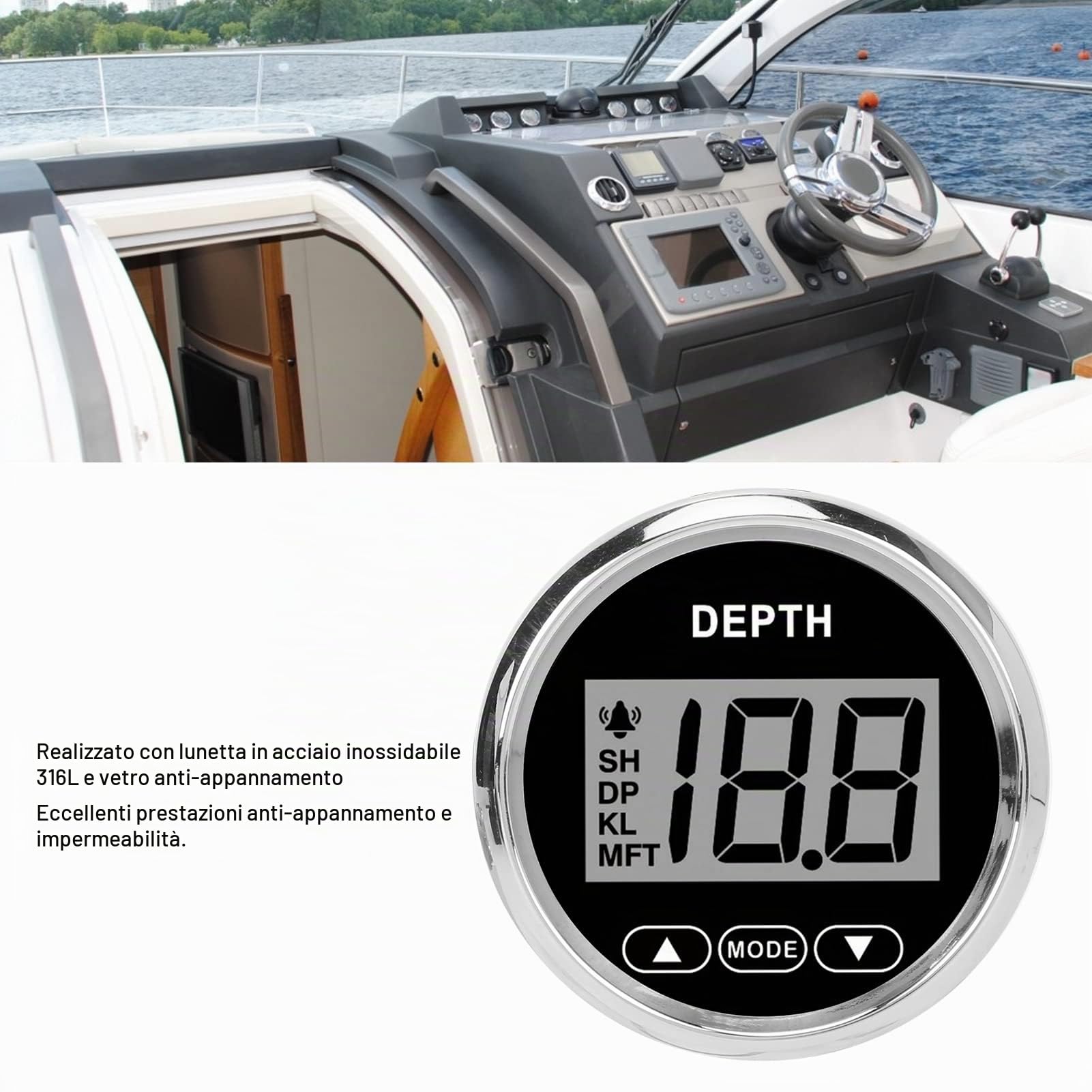 Misuratore di profondità EIMSOAH digitale per barche, 52 mm / 2 pollici, impermeabile, con trasduttore Dash Dash Finder, max 100 m/110 m
