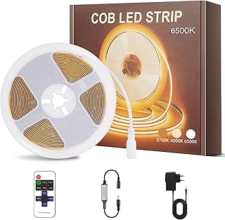 PSTAR COB LED Streifen 4M Weiß 6500K, 24V COB LED Streifen Licht Set, mit Netzteil und Fernbedienung, 8mm Breite, Flexibel LED Band Selbstklebend für Heim Küche Innen Außen DIY Dekor