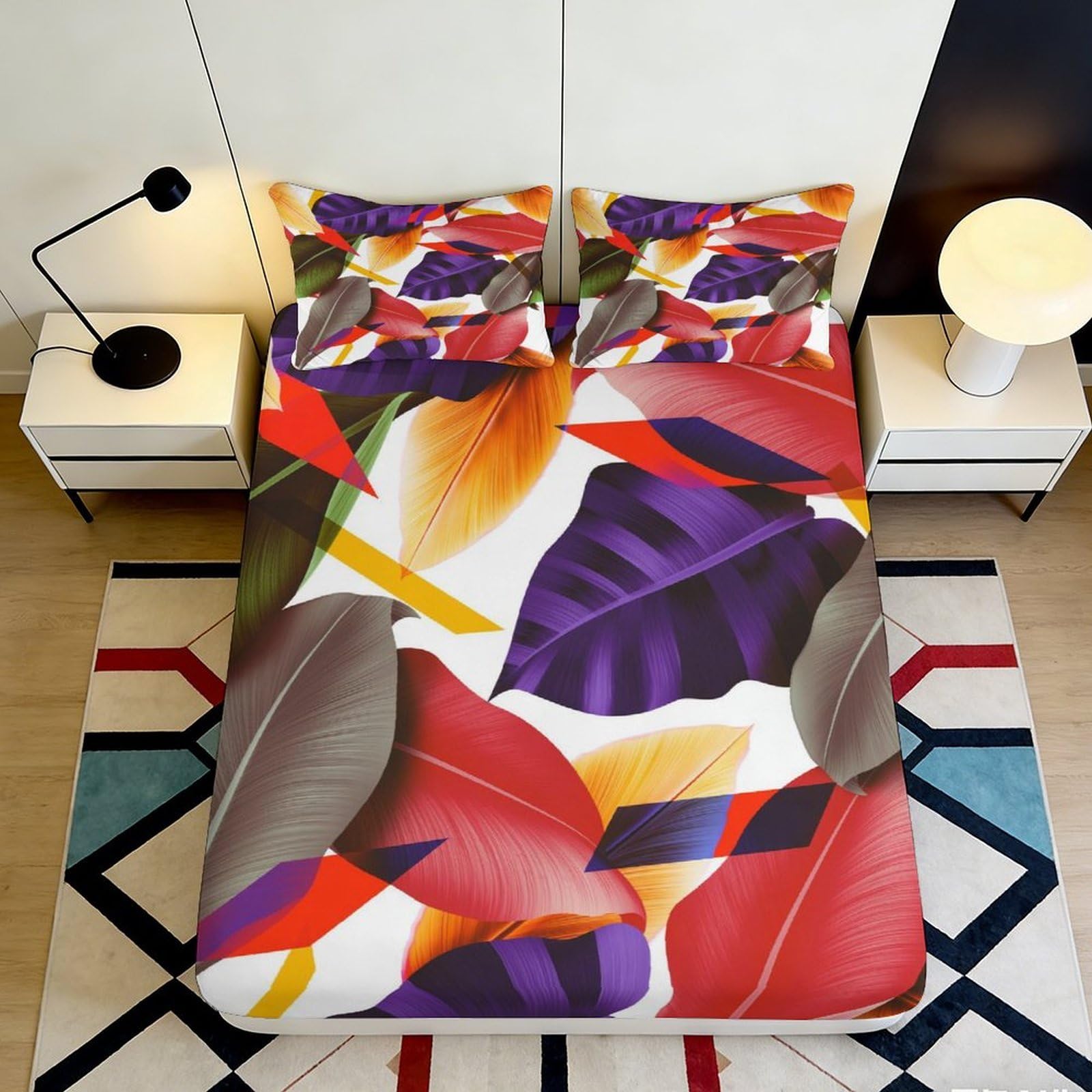 3D Printed Tropical Leaf Fitted Sheet Microfiber Vibrant Botanical Mattress Cover for Bedroom Guest Room Decor 90x200x25cm