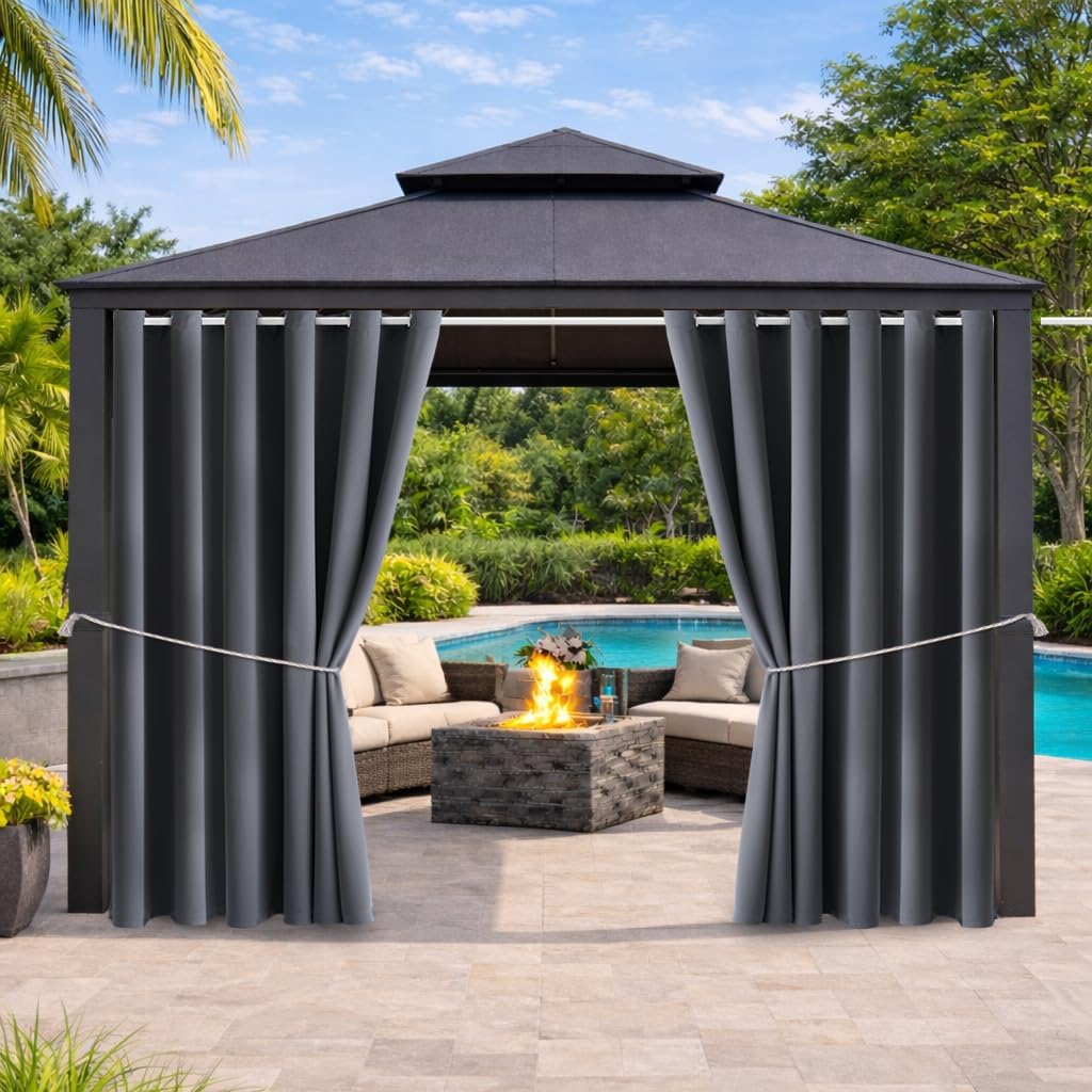 Water Proof Outside Curtains with Grommet Top for Porch, W84 x L84 Thermal Insulated Washable Light Block Outdoor Divider Drapes for Patio Gazebo Deck Pool Area Pergola Cabana (Gray, 2 Panels)