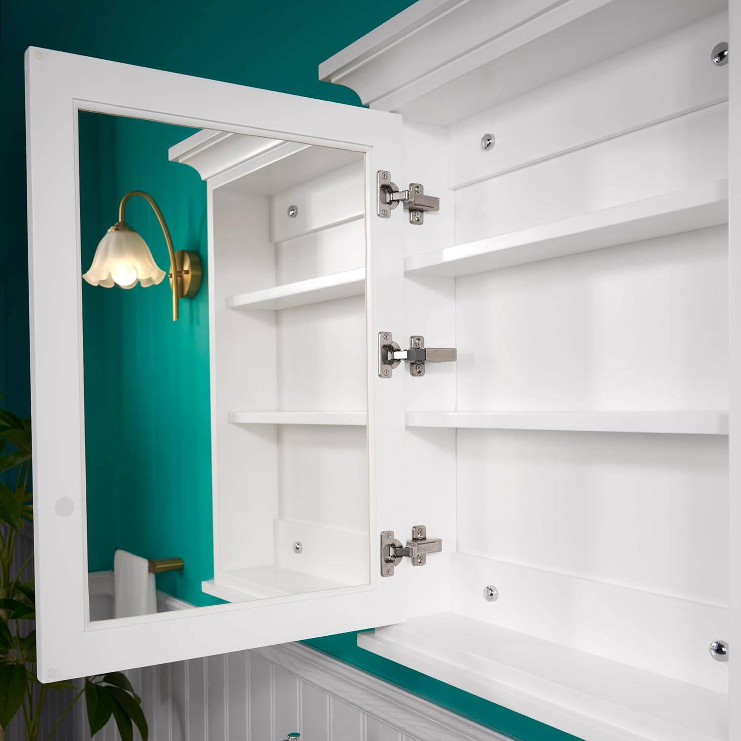 WELLFOR 24"x 30" Wall Mount Wood Medicine Cabinet with Double-Side Mirrors, Solid Wood Mirror Cabinet Storage with Built-in 2 Shelves and Soft-Close Door, Bathroom Cabinet with Metal Alloy Hardware