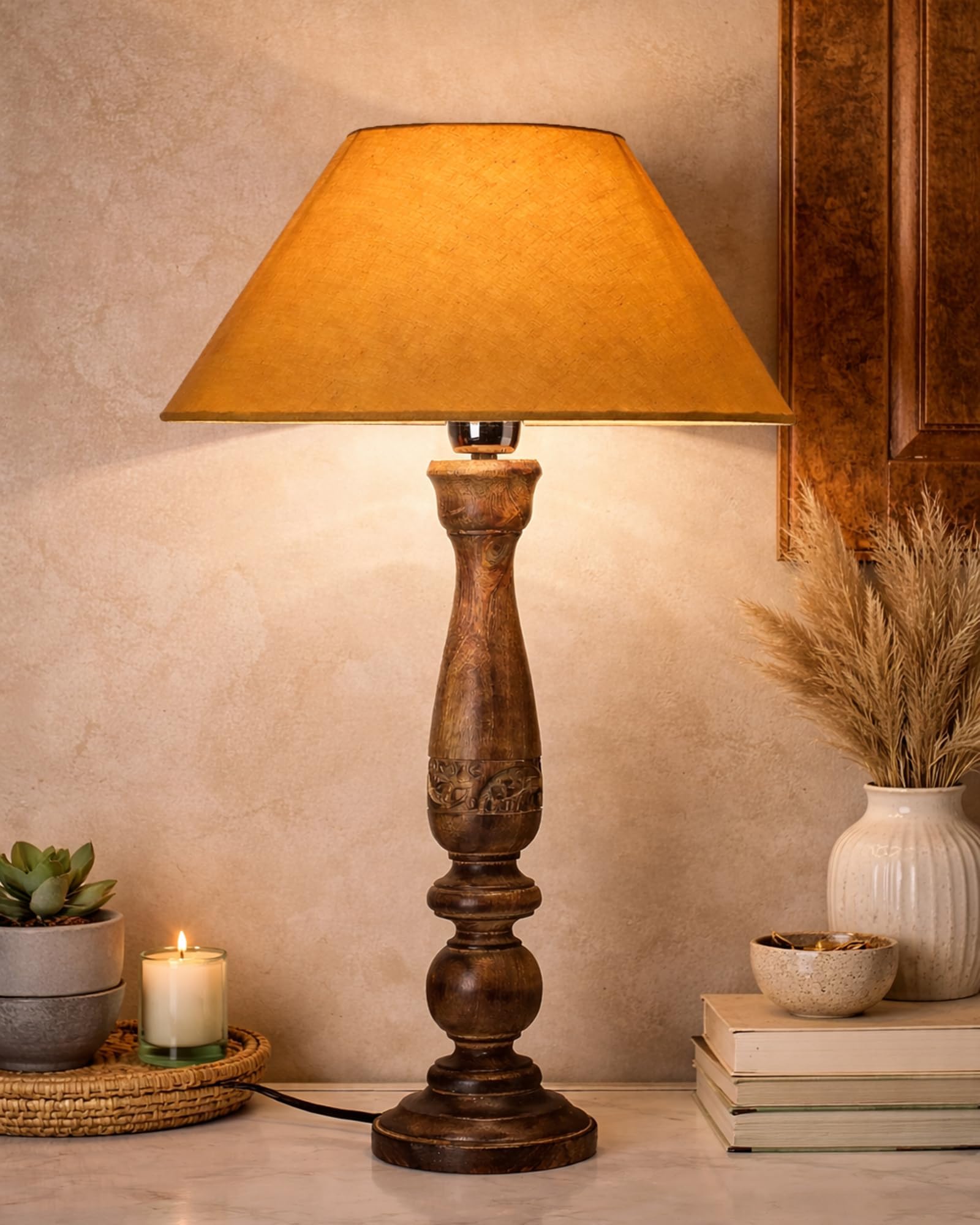 Homesake® Handcrafted Wooden Table Lamp for Bedroom & Living Room|Decorative Bedside Reading Lamp with Fabric Shade, E27 Holder|Bulb Included|Black Floral Carved Base for Home Décor, Golden