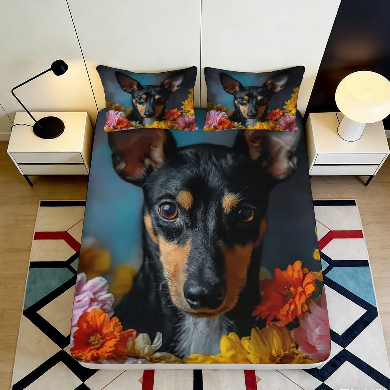 3D Printed Dachshund Dog Fitted Sheet Microfiber Soft Floral Bed Cover for Bedroom Decor, Machine Washable 90x200x25cm