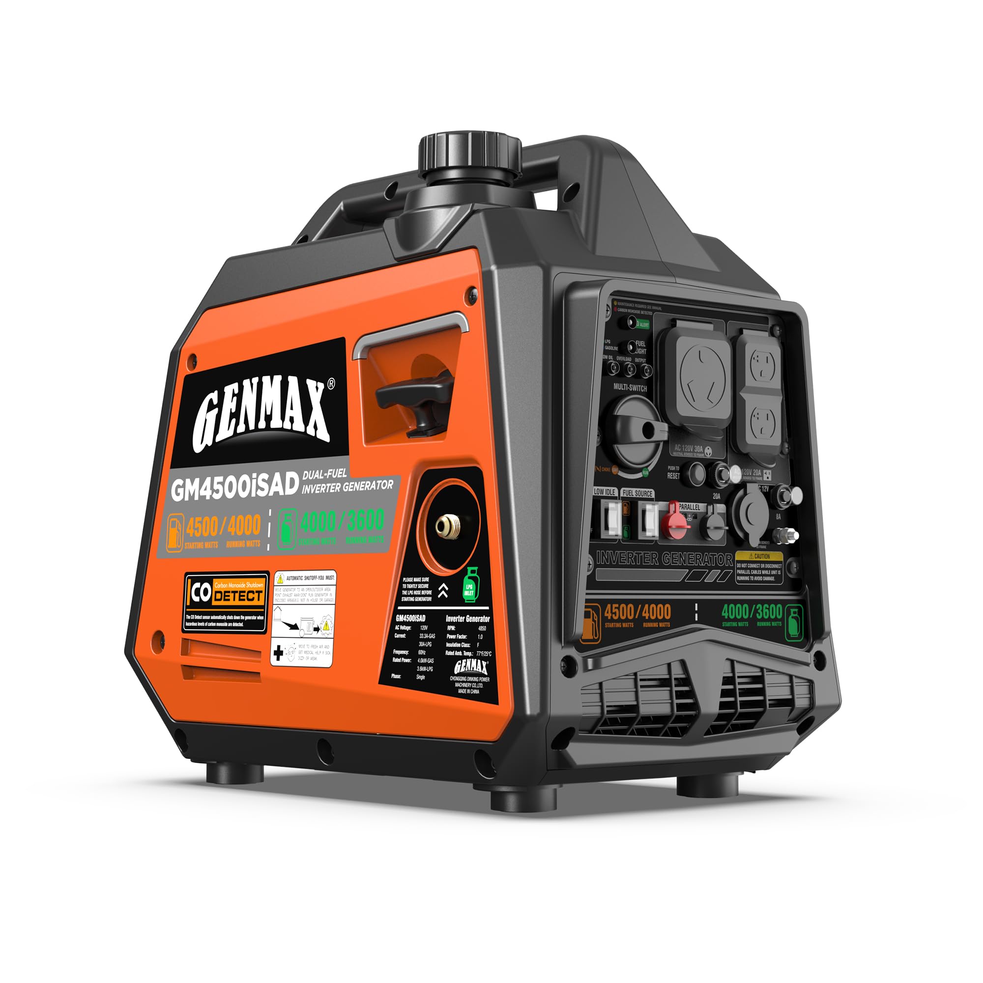 GENMAX GM4500iSAD Dual-Fuel Inverter Generator in an outdoor setting.