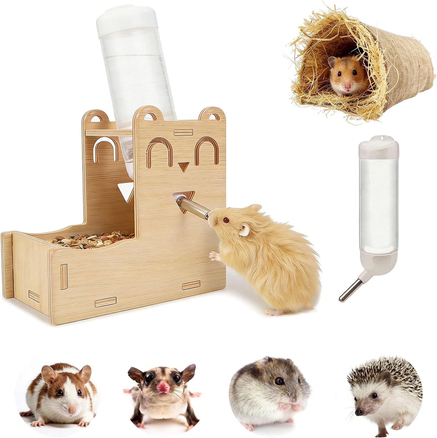 Hamster Water Bottle Feeder 2-in-1 Set with Arched Linen Hay Tunnel, Guinea Pig Hideout for Hamster Rabbit Squirrel Chinchilla Gerbil Cage Accessories(Wooden)