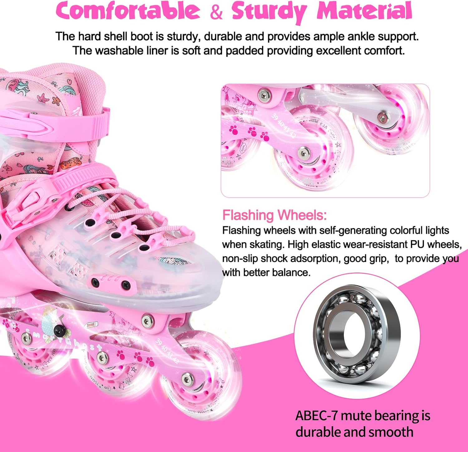 Inline Skates, Adjustable Childrens Inline Skates with Light up Wheels for Girls, Boys, Teens, Beginner | with Protective Gears and Carry Bag