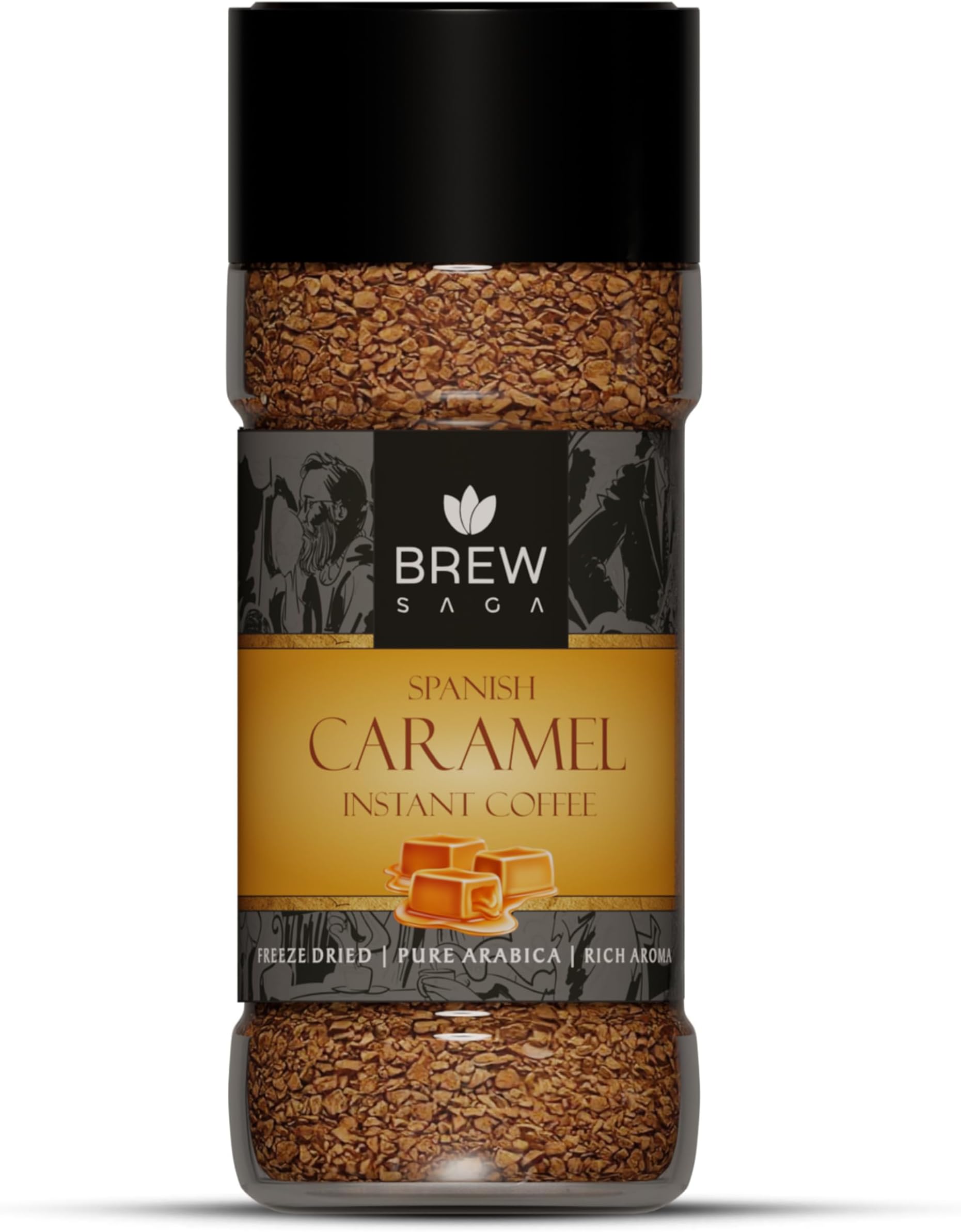 BREWSAGA Spanish Caramel Instant Coffee | 100% Arabica | Freeze-Dried | Flavoured Coffee | No Added Sugar | Flavored Coffee Powder For Both Hot & Cold Coffee | Makes 50 Cups | 100 grams