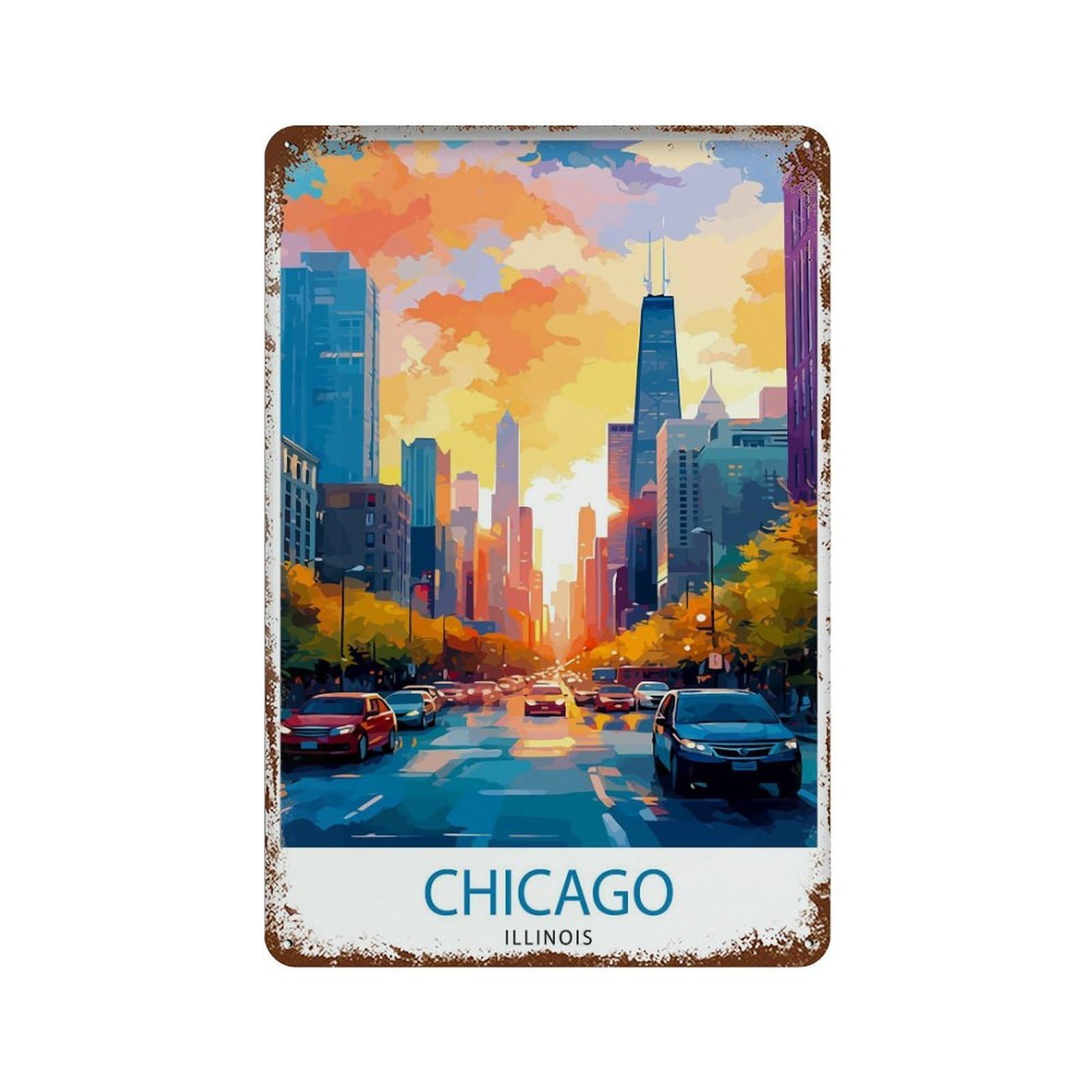 xiaoxiaoshen Chicago Travel Skyline Illinois Cityscape Gift Home_4 Wall Decor Art Metal Tin Poster Modern Home Decor Art Home Bar Shop Decorations Vintage Sign 30x20cm