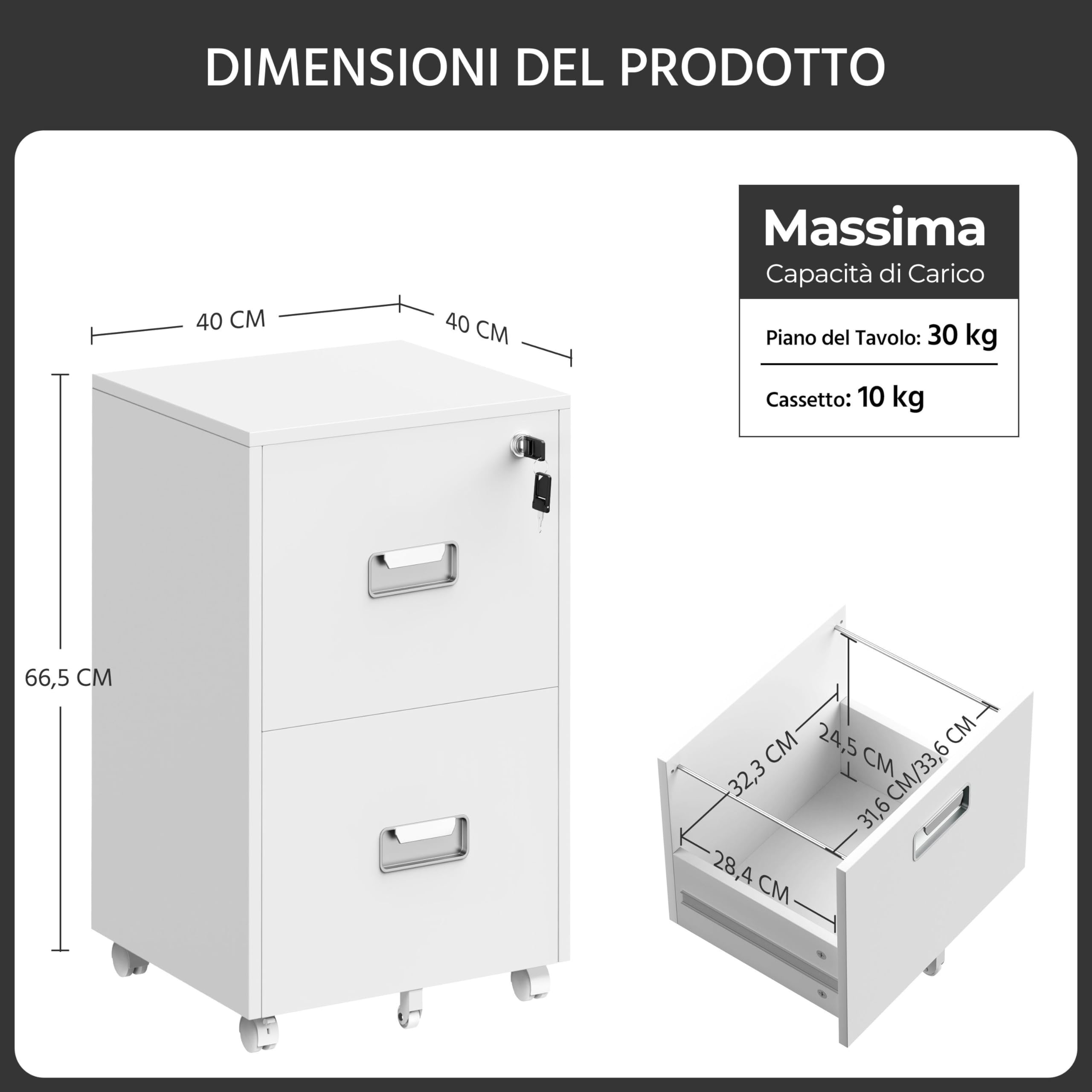 Yaheetech Schedario da Ufficio con Serratura e 2 Cassetti Bloccabili Cassettiera per Cartelle Sospese A4 Mobile Portadocumenti per Ufficio con Ruote per Studio Camera Scrivania Bianco