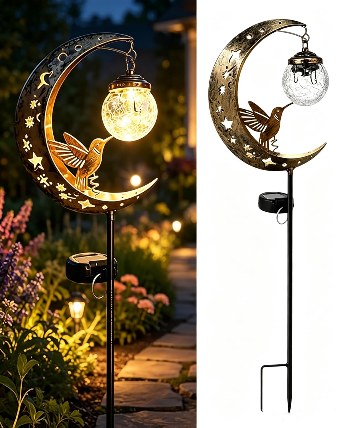 Lampada Solare Per Esterni,Presenta Un Design Che Combina Una Luna In Metallo Una Sfera In Vetro; Dotato Grado Protezione Ip65 Contro L'Acqua, Adatto L'Illuminazione Decorativa Esterno (1pcs)