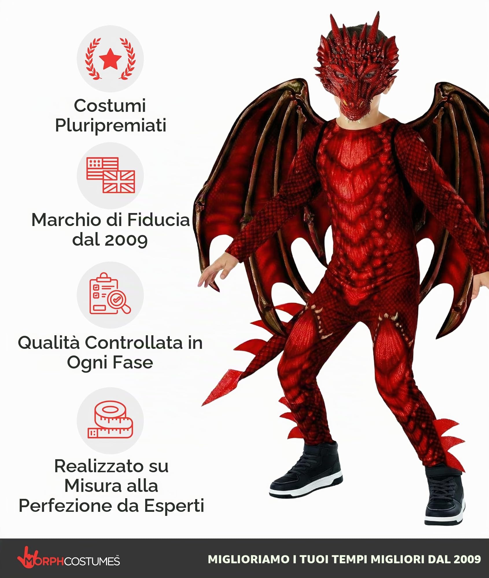 Morph Costume Drago Bambino, Vestito Dragon con Ali e Maschera, Costumi Halloween e Carnevale Bambini