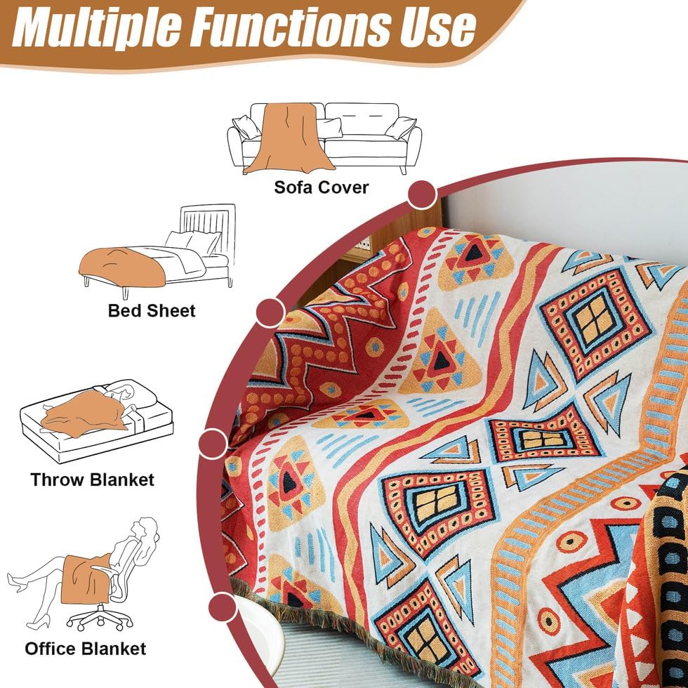AMWAN Large Beige Couch Cover with Red Orange Boho Geometric Pattern, Universal Durable Colorful Sofa Slipcover for Sectional L Shaped, 3 Cushion Sofa, Sofa Throw Cover, 71"x150"