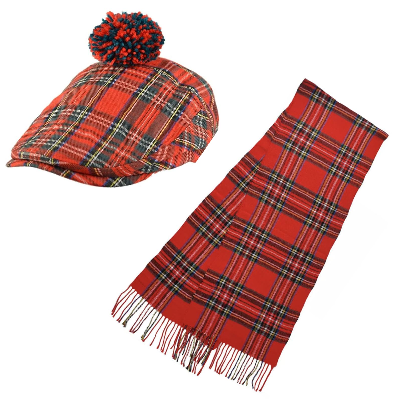 FIDRA Scottish Red Tartan Flat Cap with pom pom and red Tartan Scarf, (UK, Alpha, L, XL)