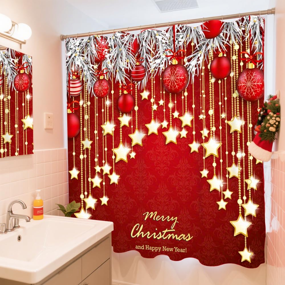 Ensemble de Rideaux de Douche de Noël, 4 Ensembles de Salle de Bain Noël avec Rideau de Douche(180x180cm), Tapis Couvercle de Toilette, U-förmiger Badematte, Tapis-Sol sans Glissement