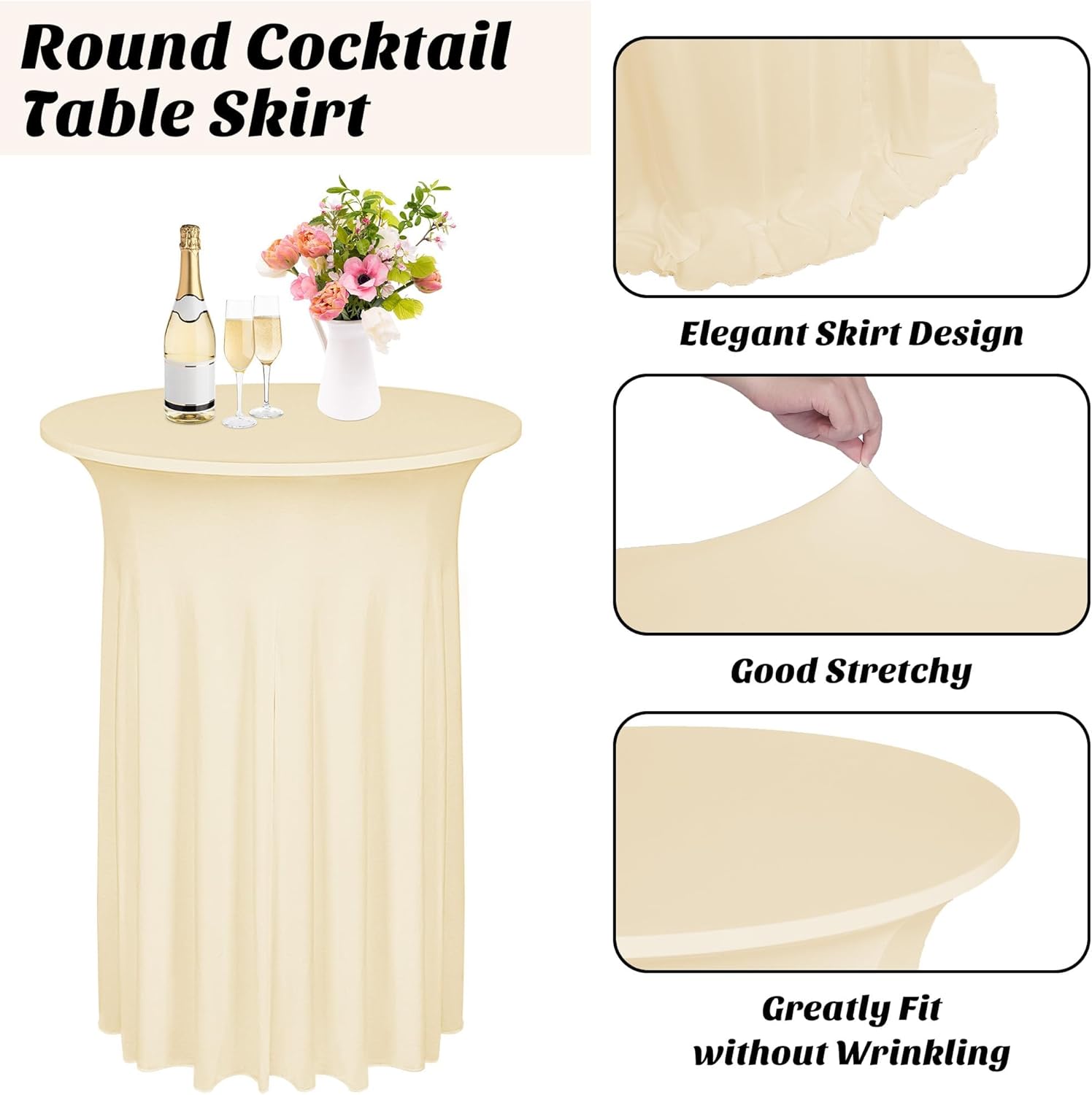 Kochorie 6 Pieces Cocktail Table Skirt Round Cocktail Table Covers 32 x 43 Inch Spandex Stretch High Top Table Cloth for Wedding Table Bar Banquet Party Supplies (Champagne)