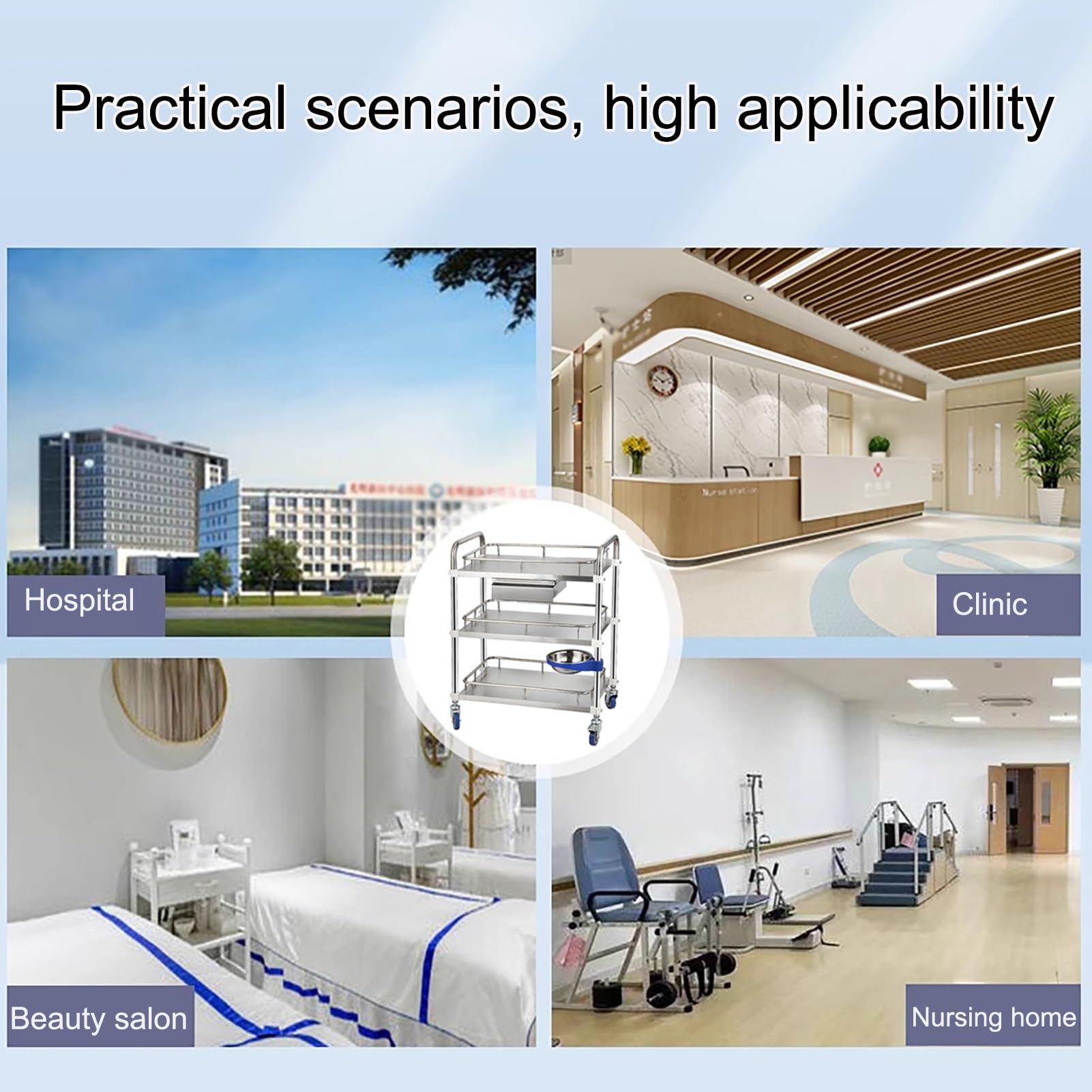 Chariot à roulettes argenté à 3 Niveaux, Chariot de Laboratoire de Service de Clinique Mobile avec Un tiroir, Chariots roulants Utilitaires d'équipement de Chariot de Service, pour Cabinet d