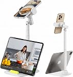 Adjustable Multitask Dual Stand Phone Holder & Tablet Stand. Desk Phone Stand for Filming in Bed & Kitchen. Phone Stand for Recording. Compatible with iPhone & Samsung, iPad, Kindle (White)