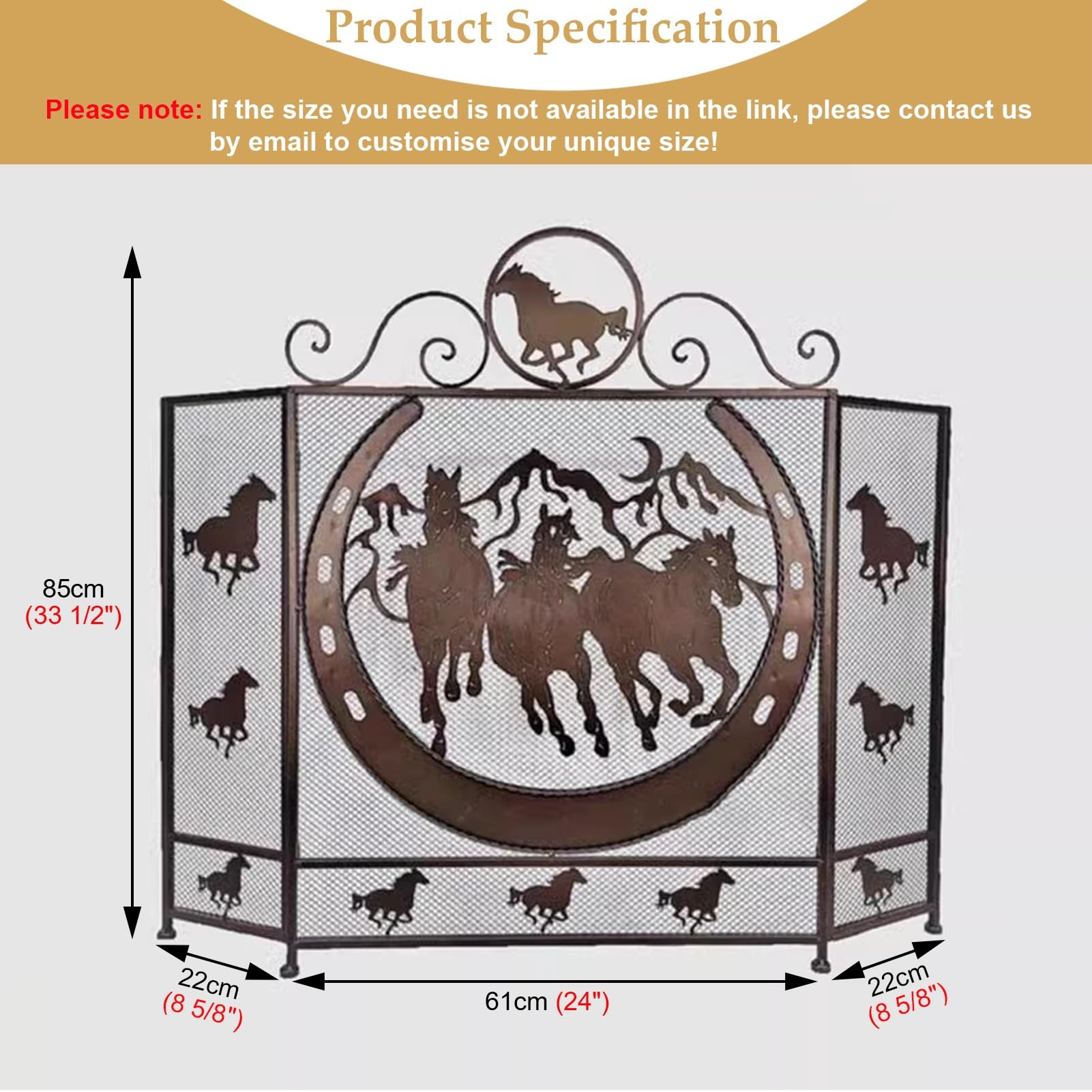 Salvachispas Chimenea Malla Protectora Plegable de 3 Paneles para Estufa de Leña, Puerta Protectora Plegable para Chimenea con Diseño de Caballos, Barrera Protectora de Hierro Forjado para Chimenea
