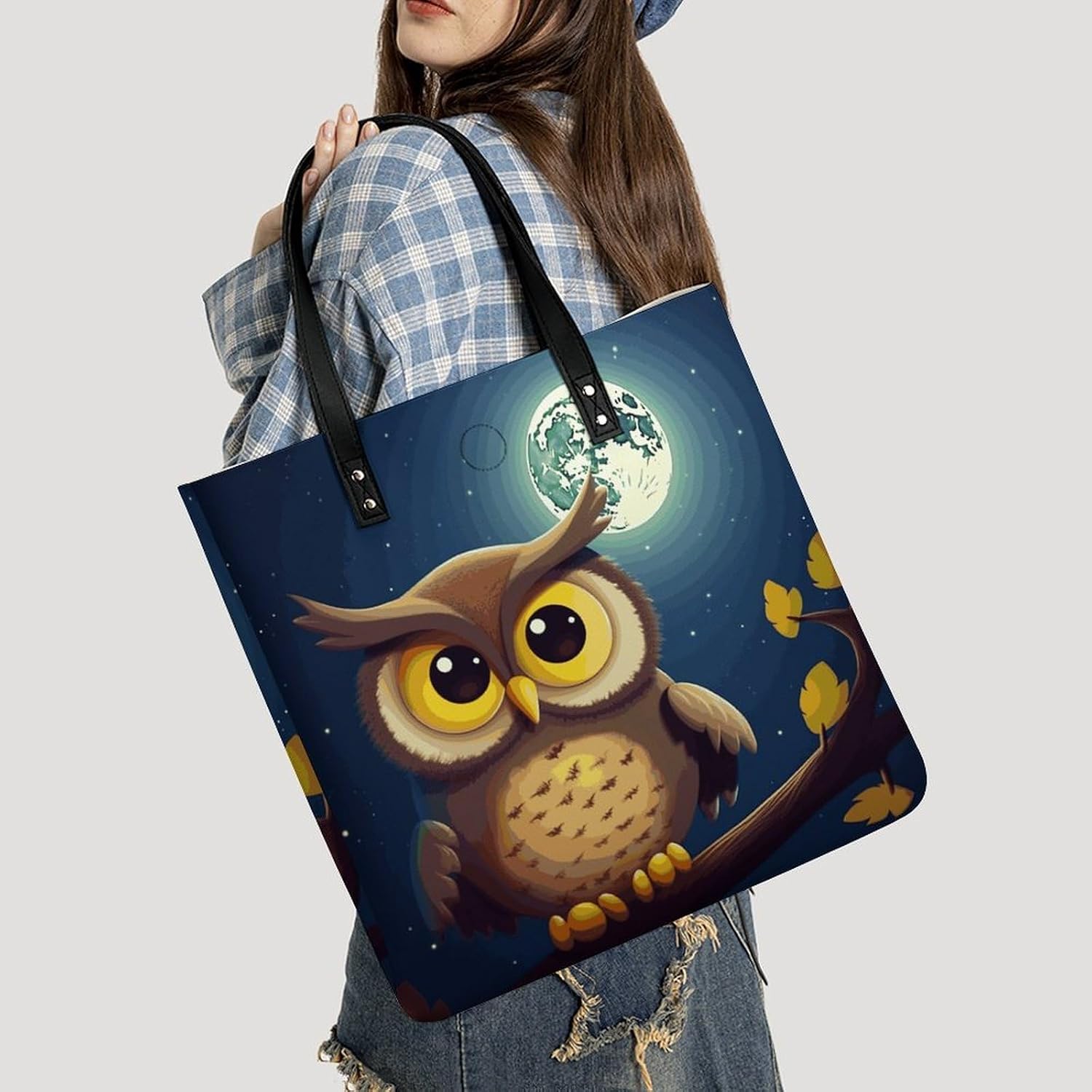 Owl And Yellow Moon Tote Bag with Magnetic Buckle Reusable Grocery Bags Lightweight Cross Body Handbag for Daily Essentials